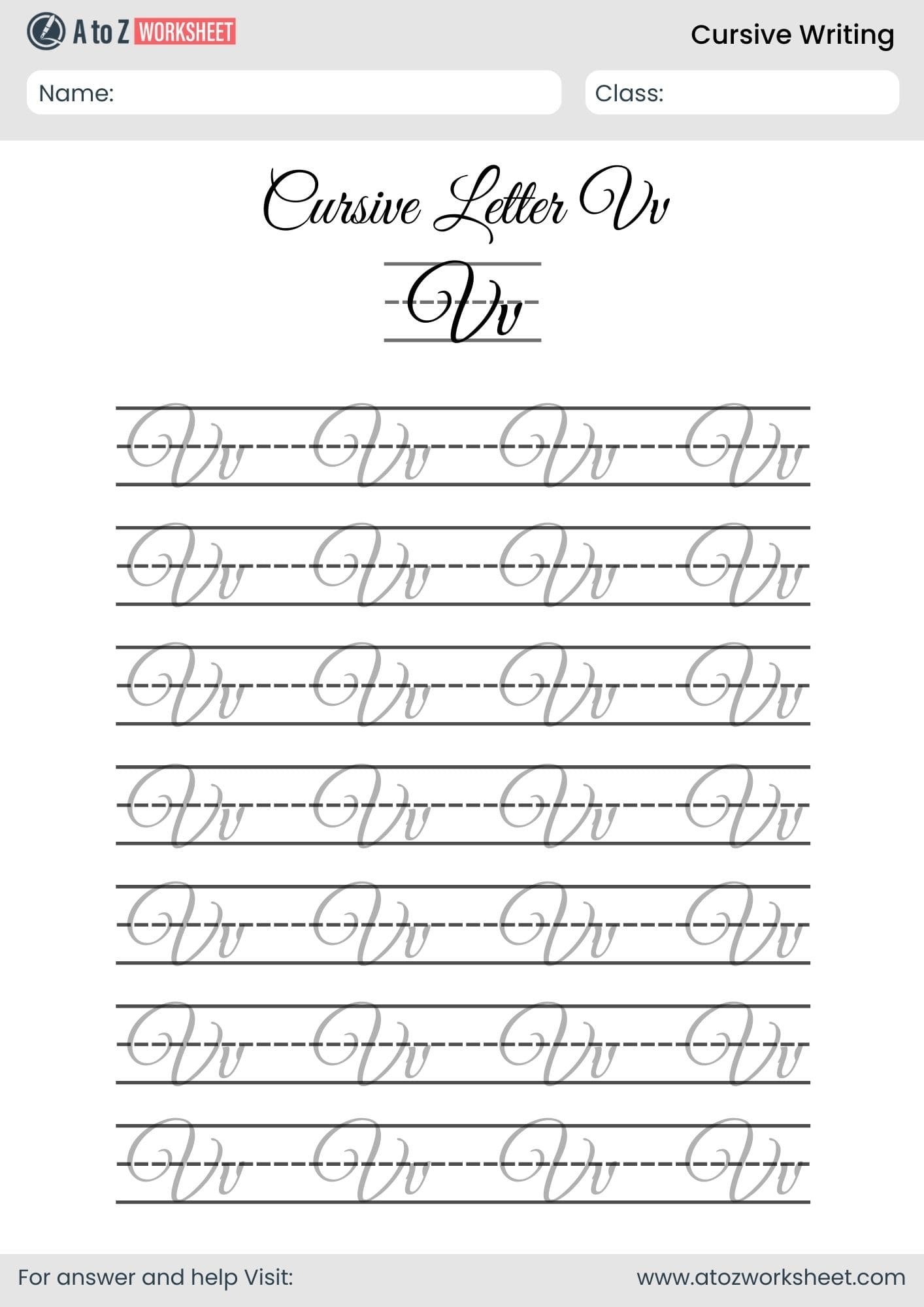 letter v cursive writing a to z worksheets​