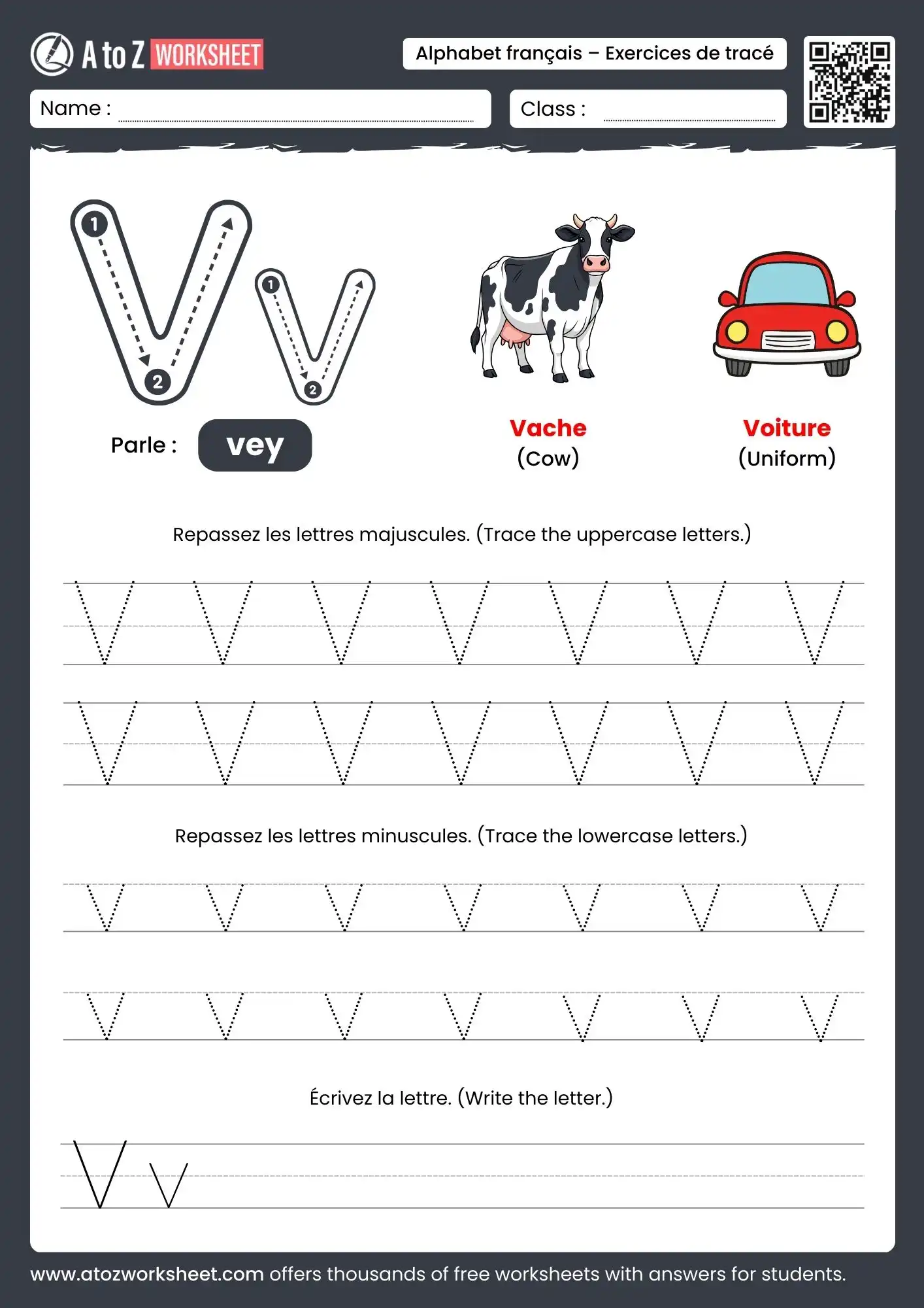 french alphabet tracing worksheets for letter v