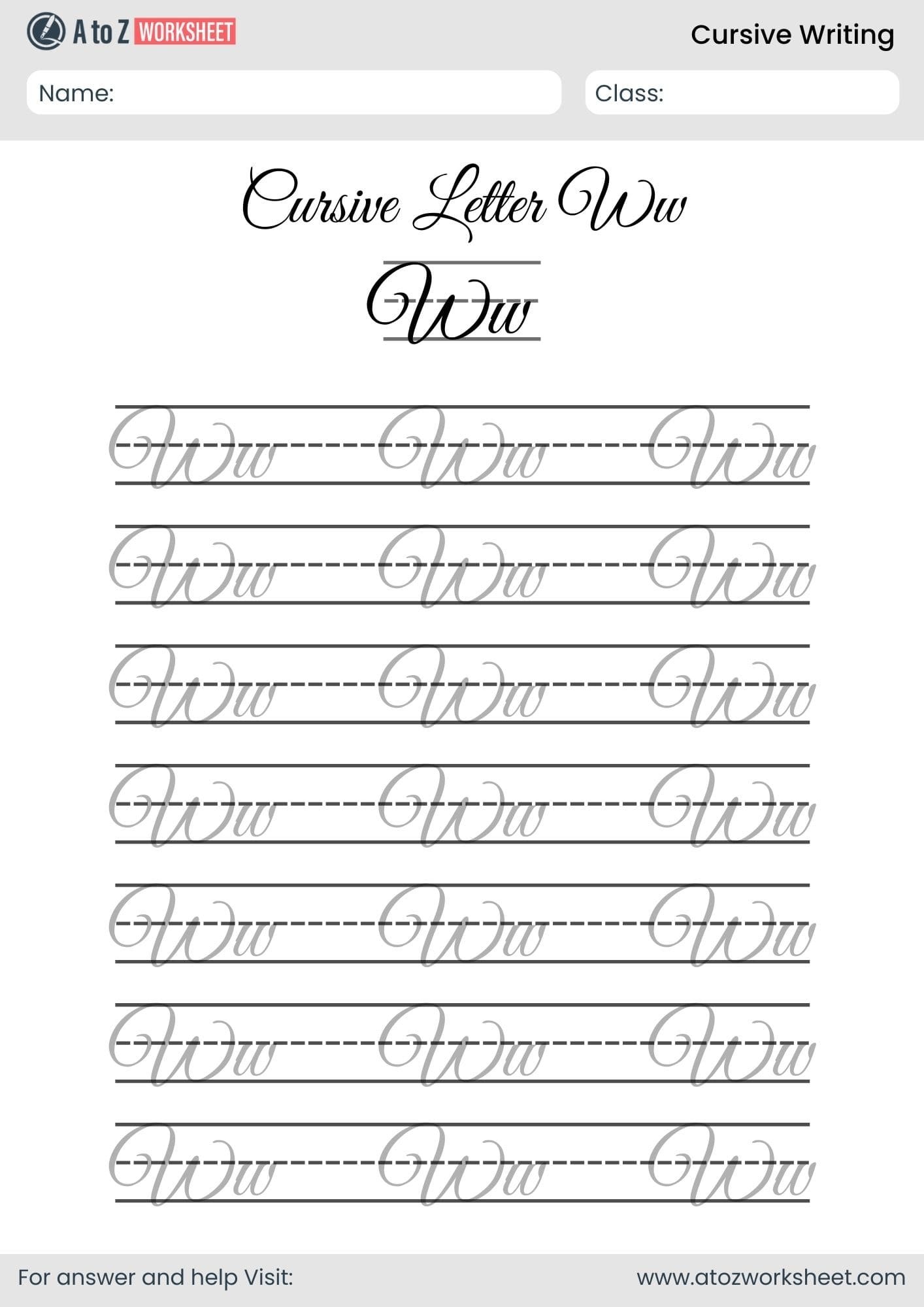 letter w cursive writing a to z worksheets​