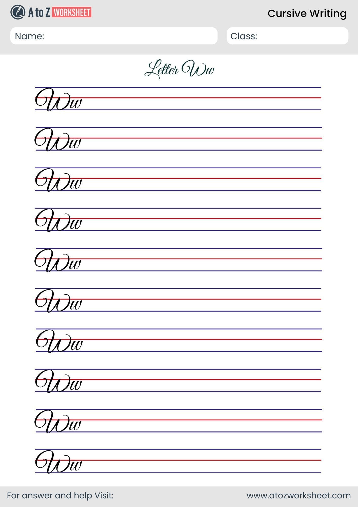 trace letter w cursive writing worksheet