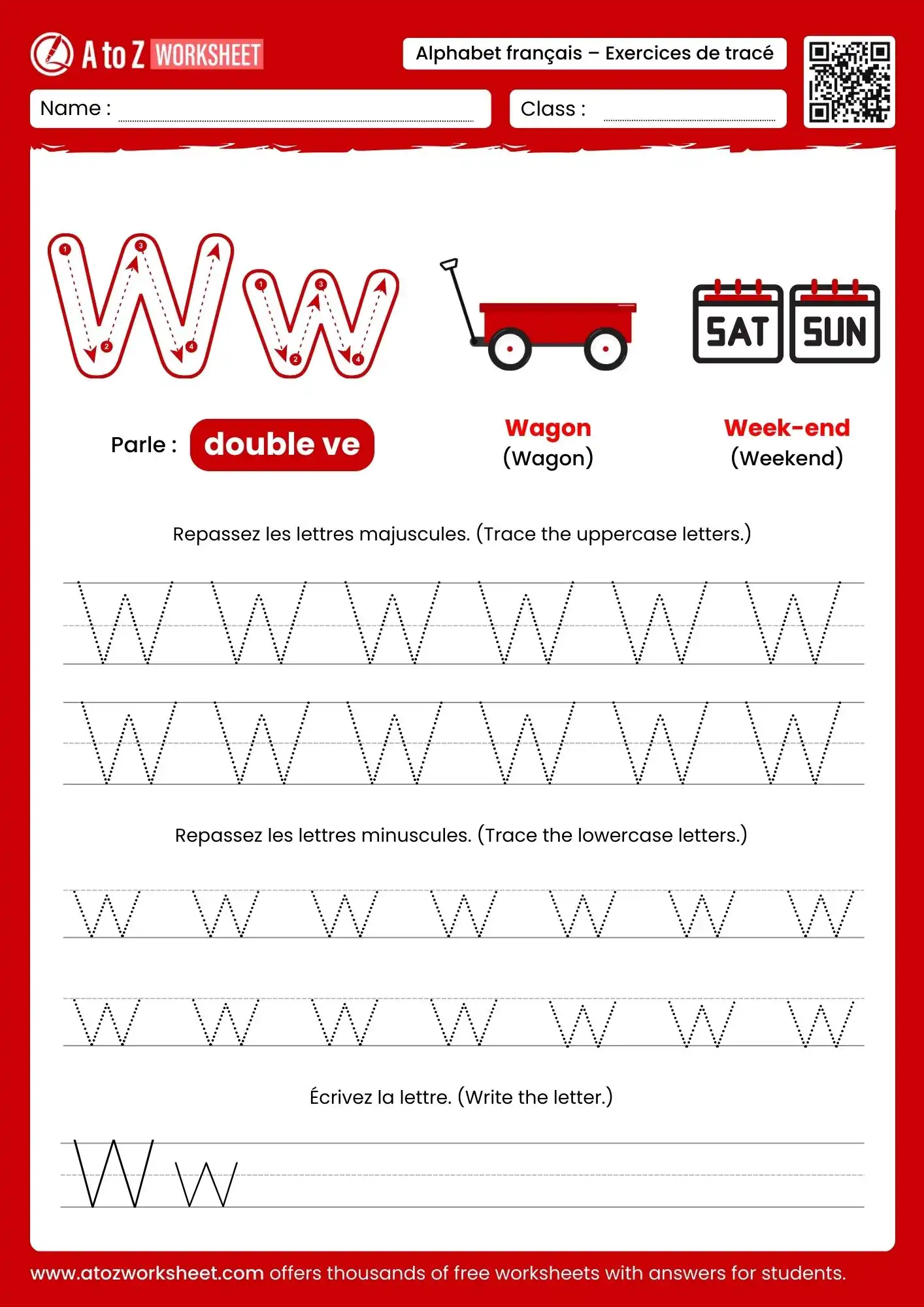 french alphabet tracing worksheets for letter w