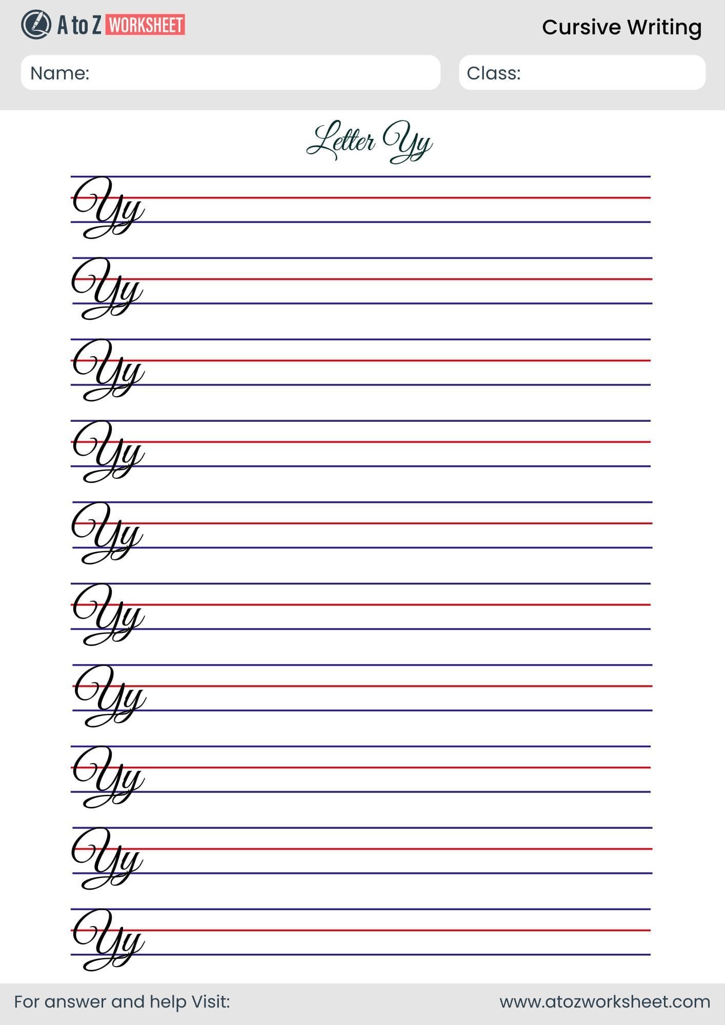 trace letter y cursive writing worksheet