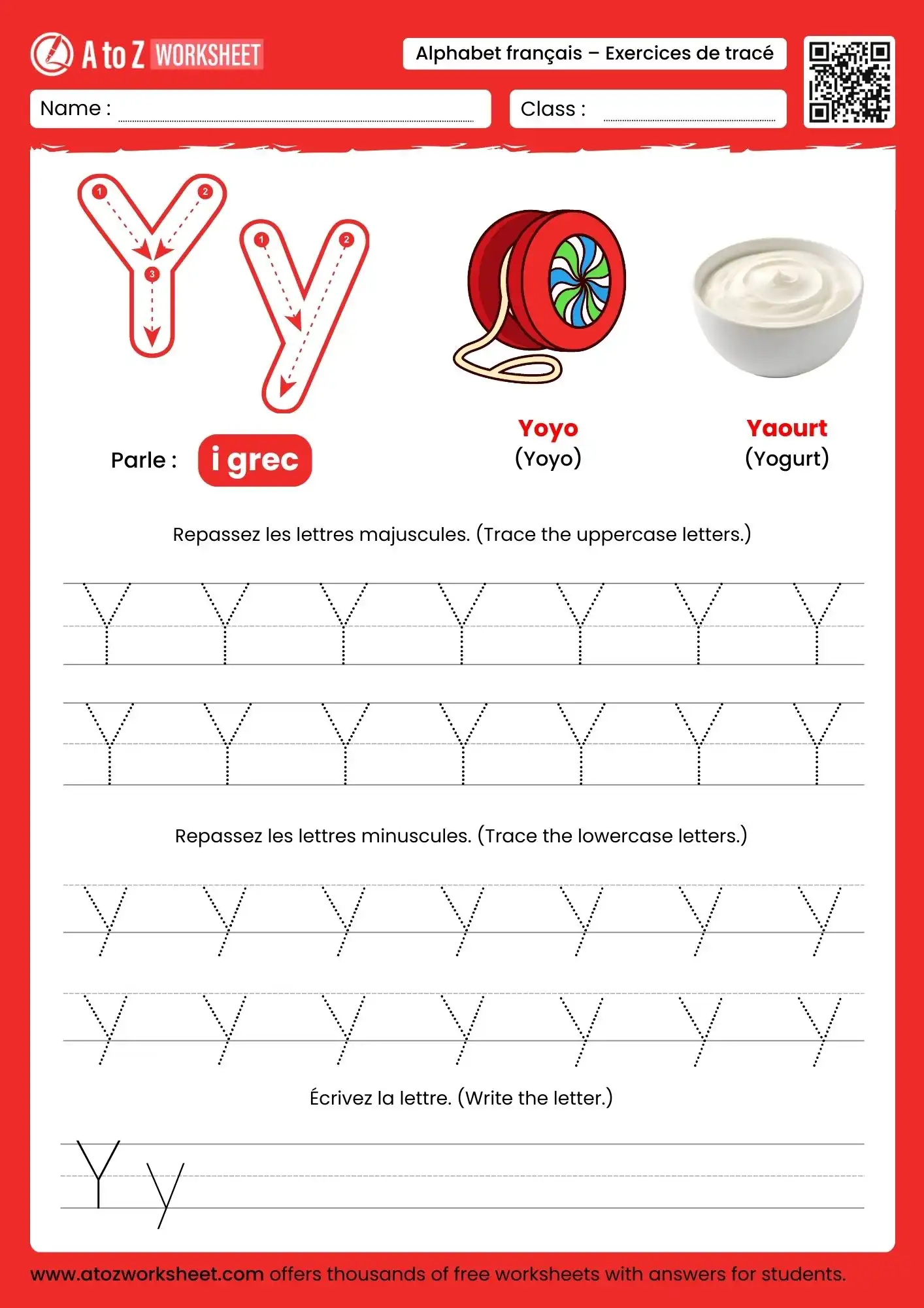 french alphabet tracing worksheets for letter y