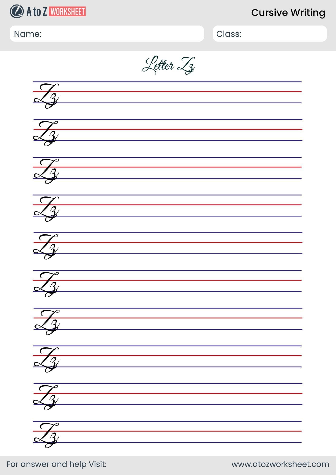trace letter z cursive writing worksheet