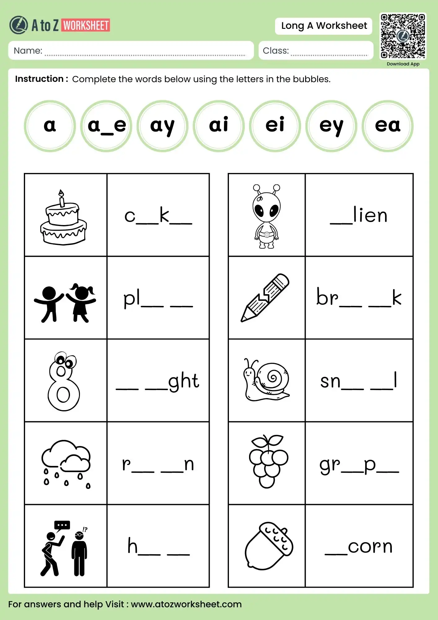 long a worksheets for grade 1 with ai ay and a_e bubble letters
