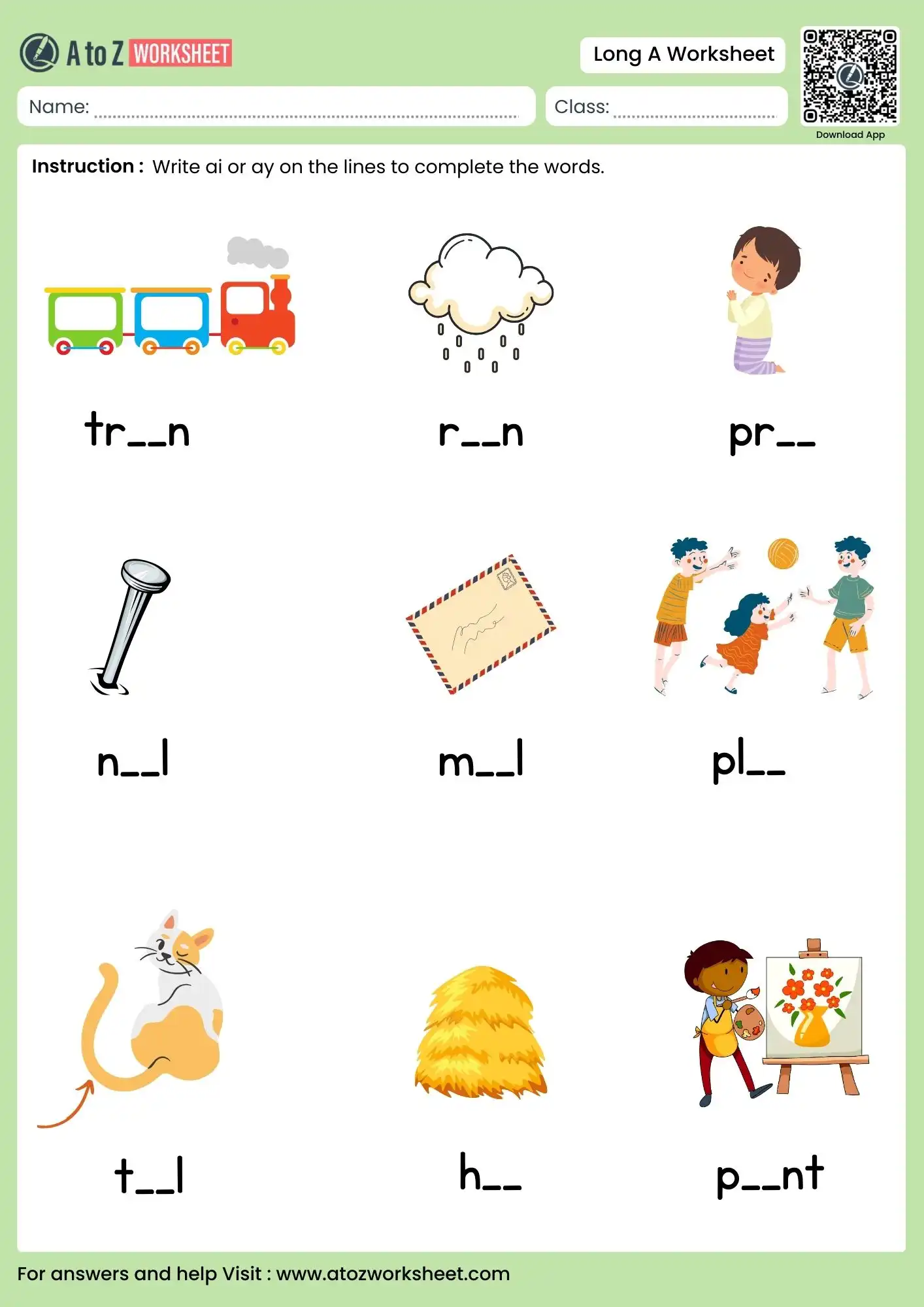 long a worksheets with ai and ay spelling choices for train and snail