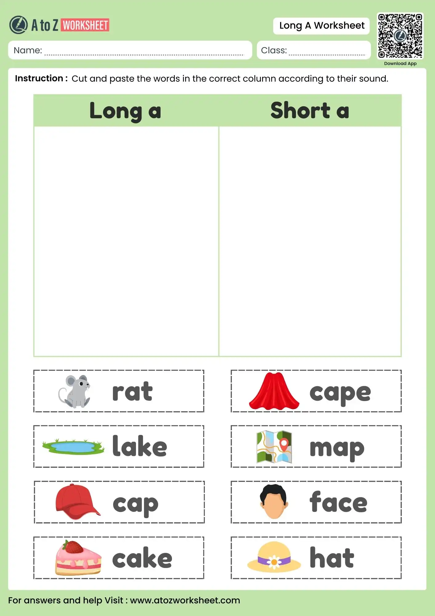 long a worksheets sound sort between long a and short a words