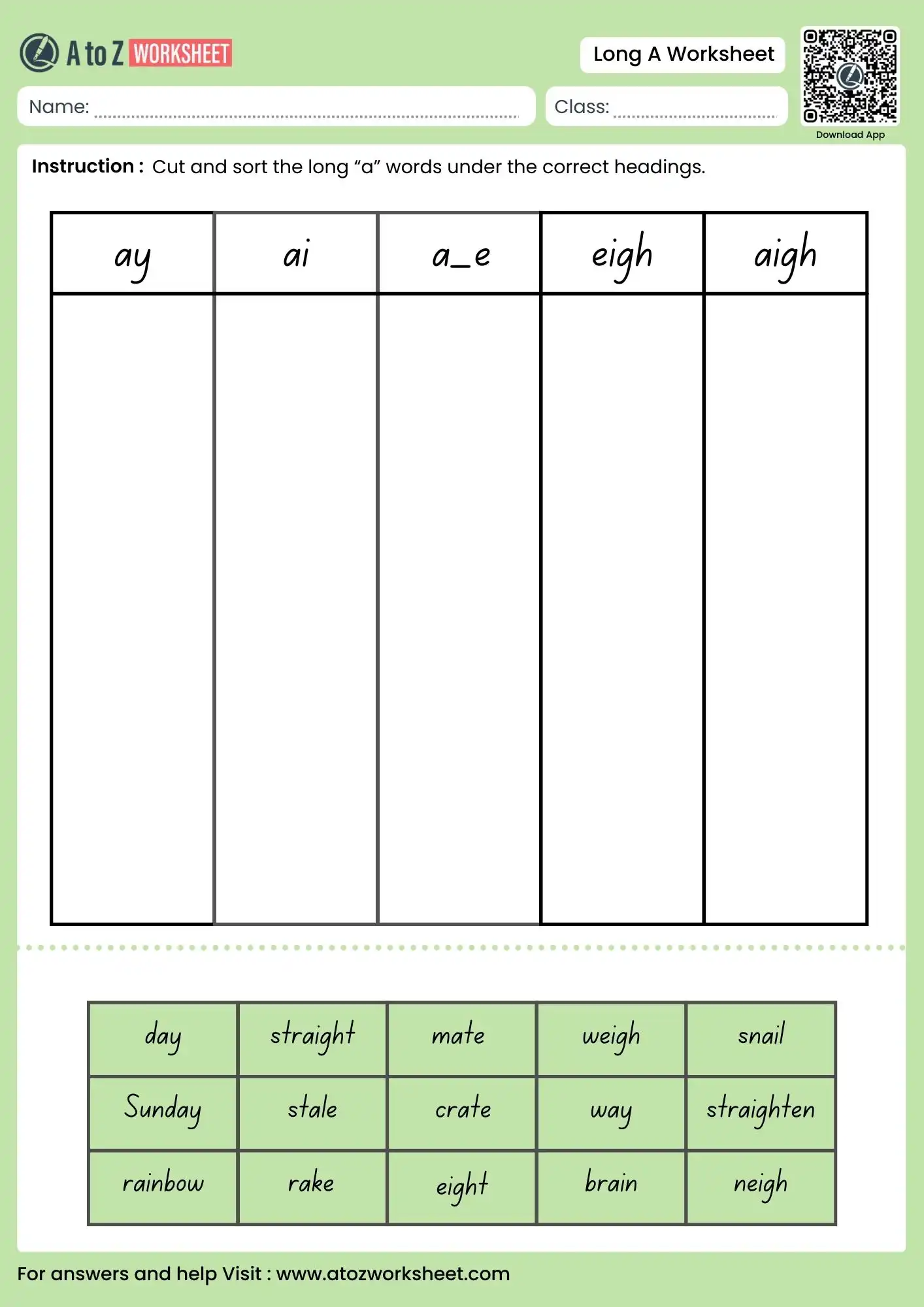 long a worksheets sorting ay ai a_e eigh and aigh words