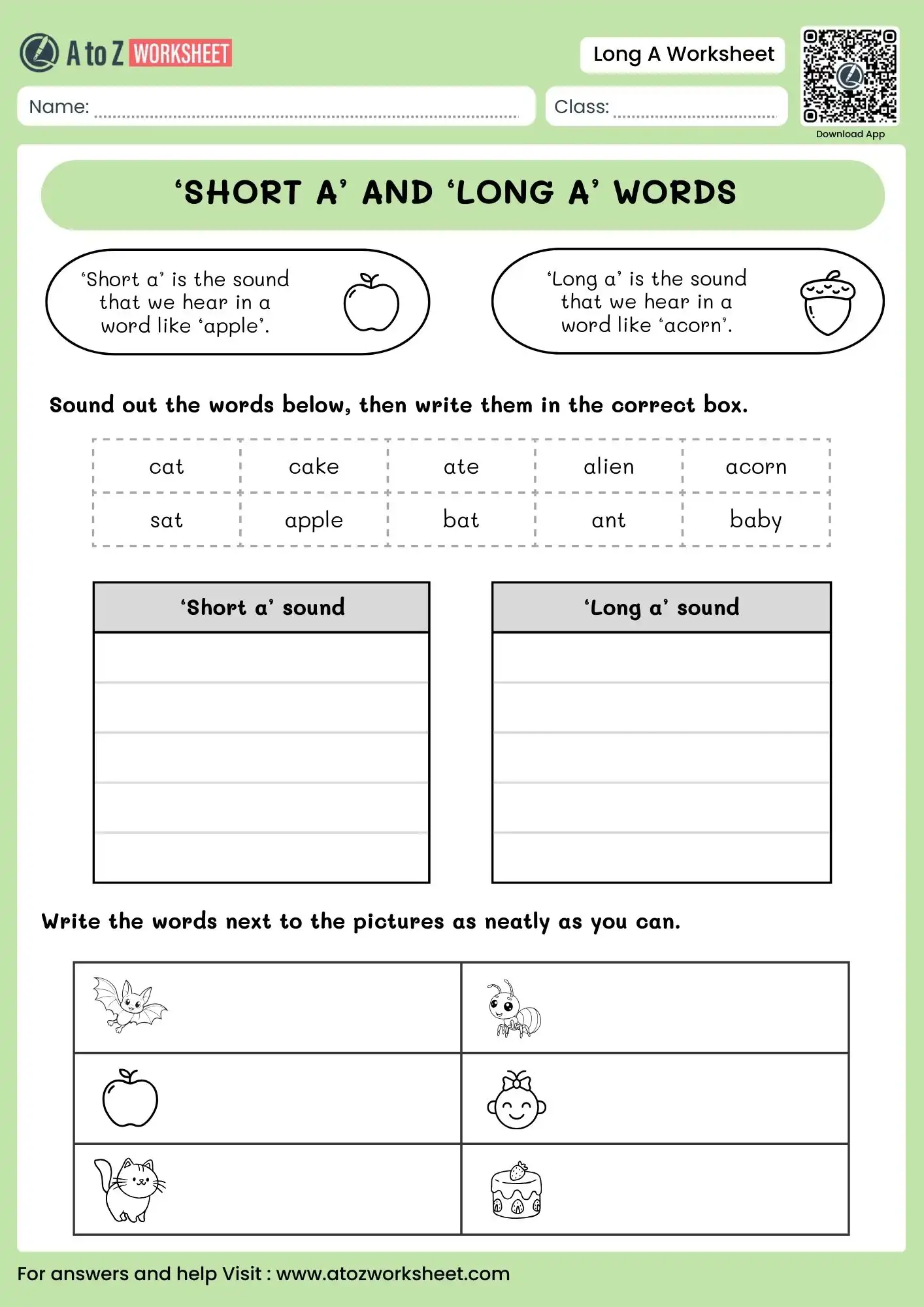long a worksheets comparing acorn and apple vowel sounds