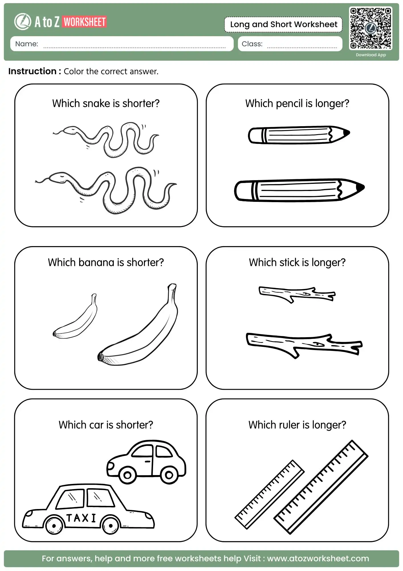 visual comparison activity in long and short class 4 worksheets featuring snakes and pencils.