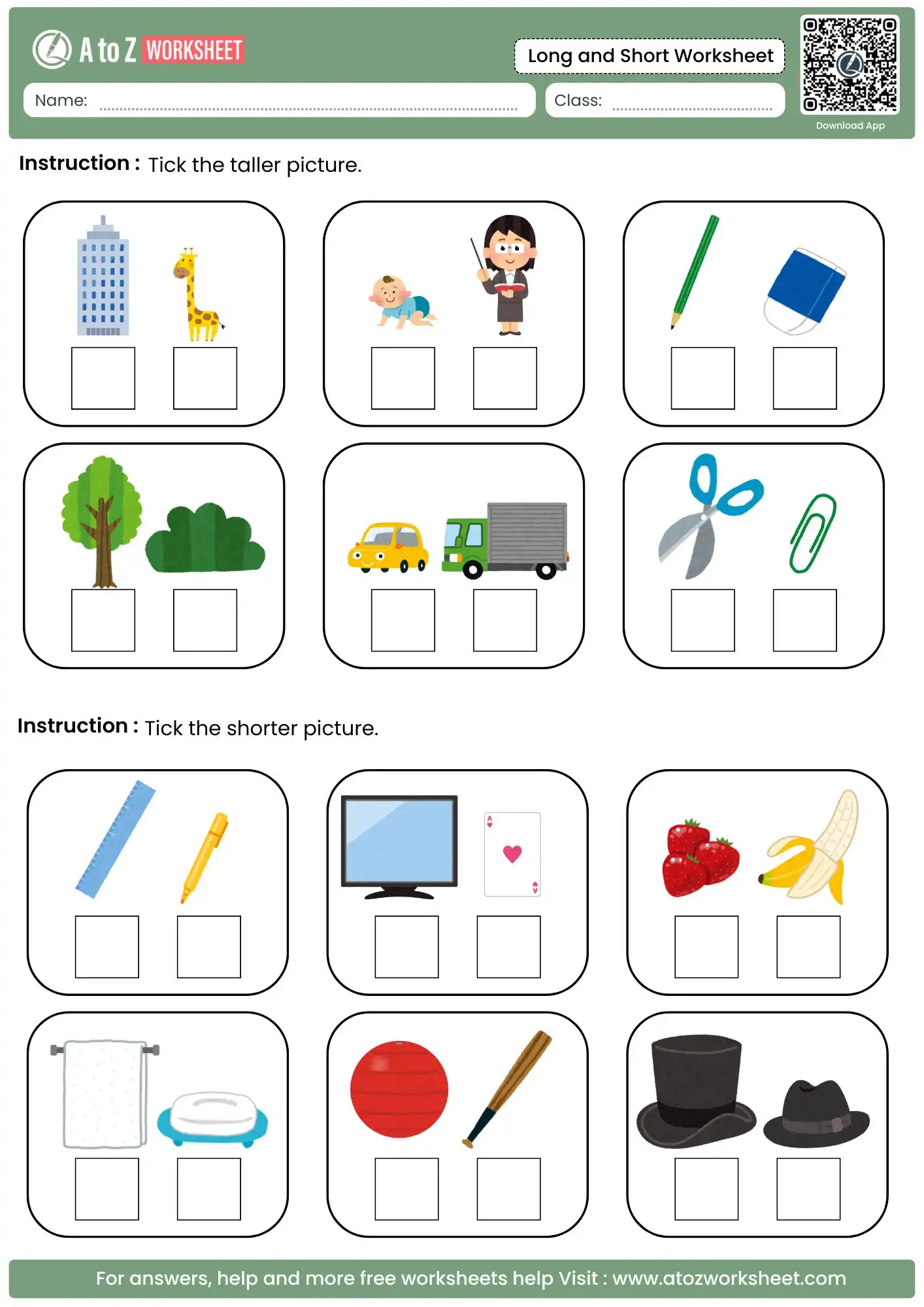 height and length identification in long and short class 4 worksheets with animals and buildings.