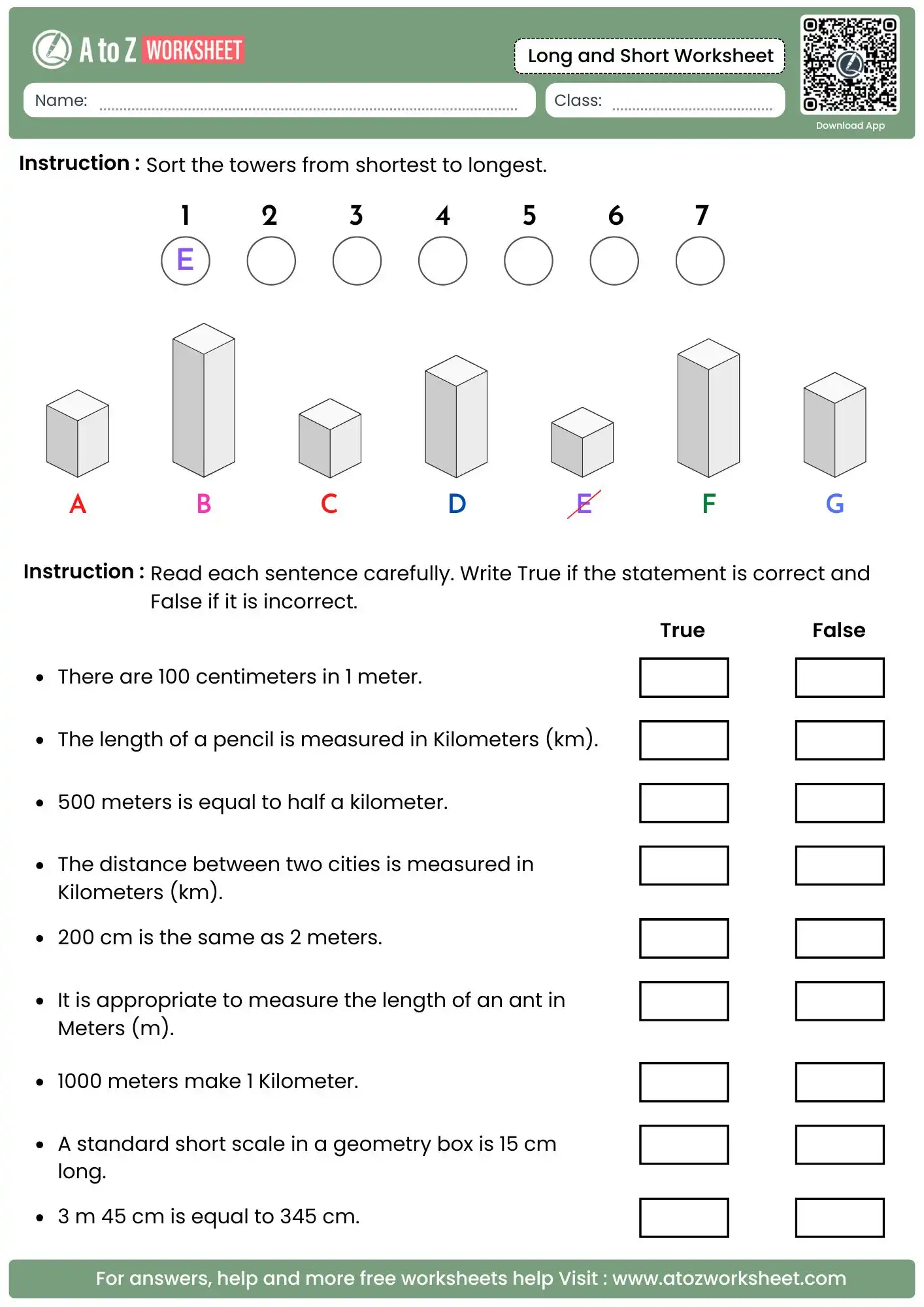 metric unit conversion and fill in the blanks in long and short class 4 worksheets for math.