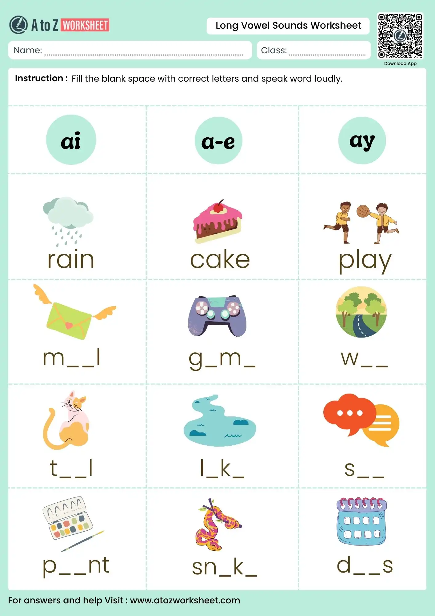long vowel sounds worksheets for kindergarten with cake rain and play illustrations