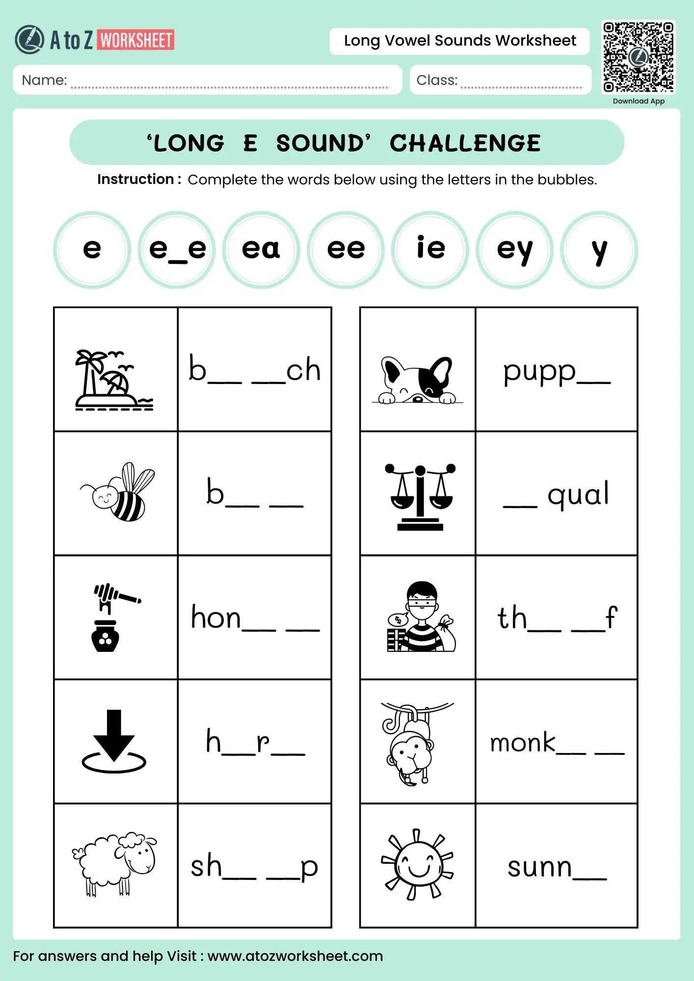 long vowel sounds worksheets for grade 1 featuring bee beach and honey