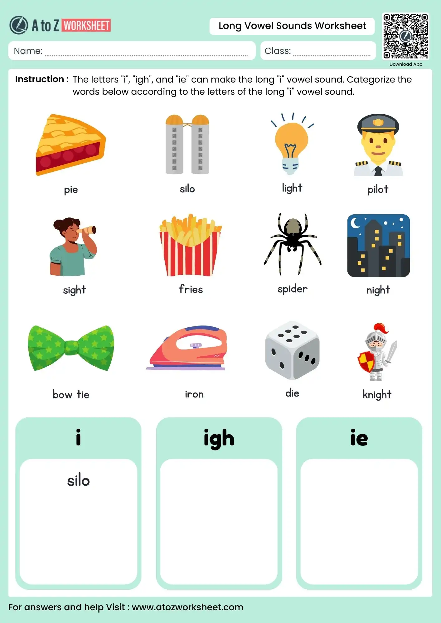 long vowel sounds worksheets categorizing words for i, igh, and ie