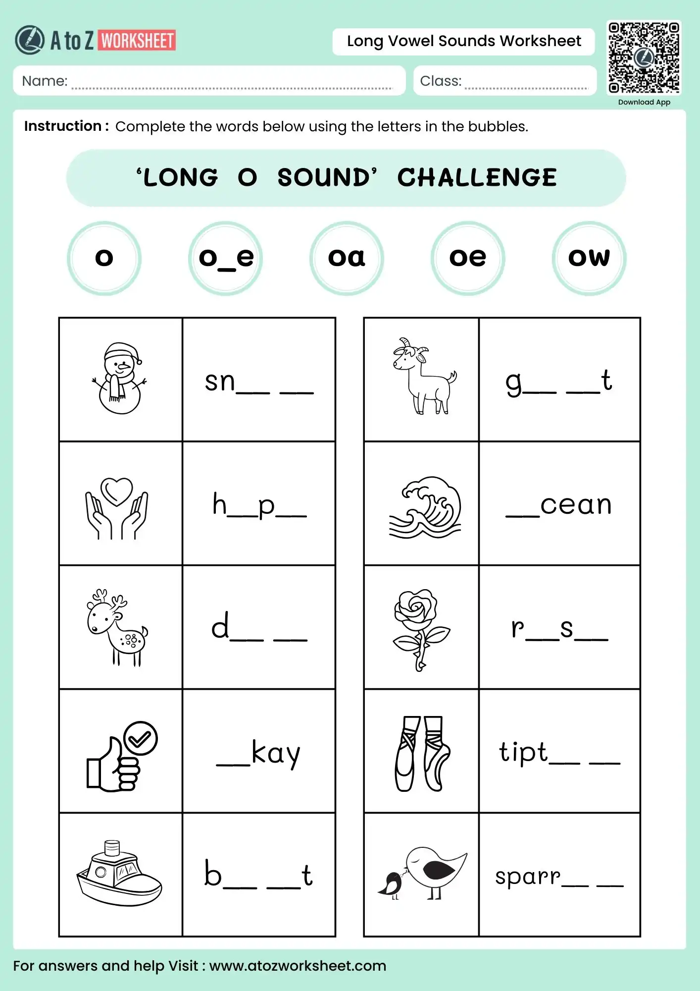 long vowel sounds worksheets with snowman goat and boat visuals