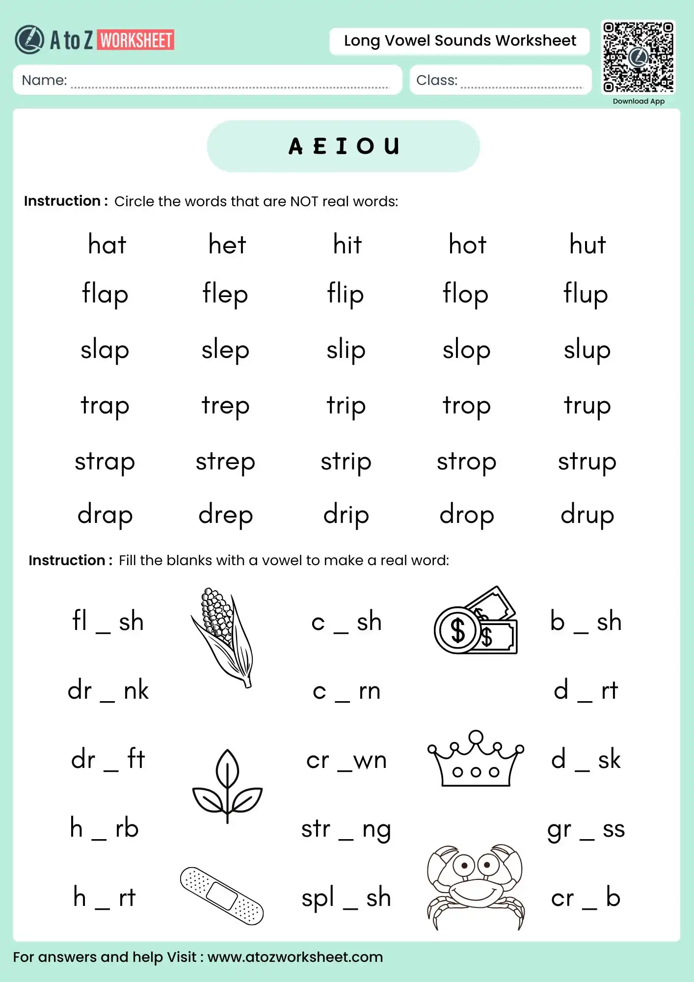 long vowel sounds worksheets for identifying real words and filling vowel blanks
