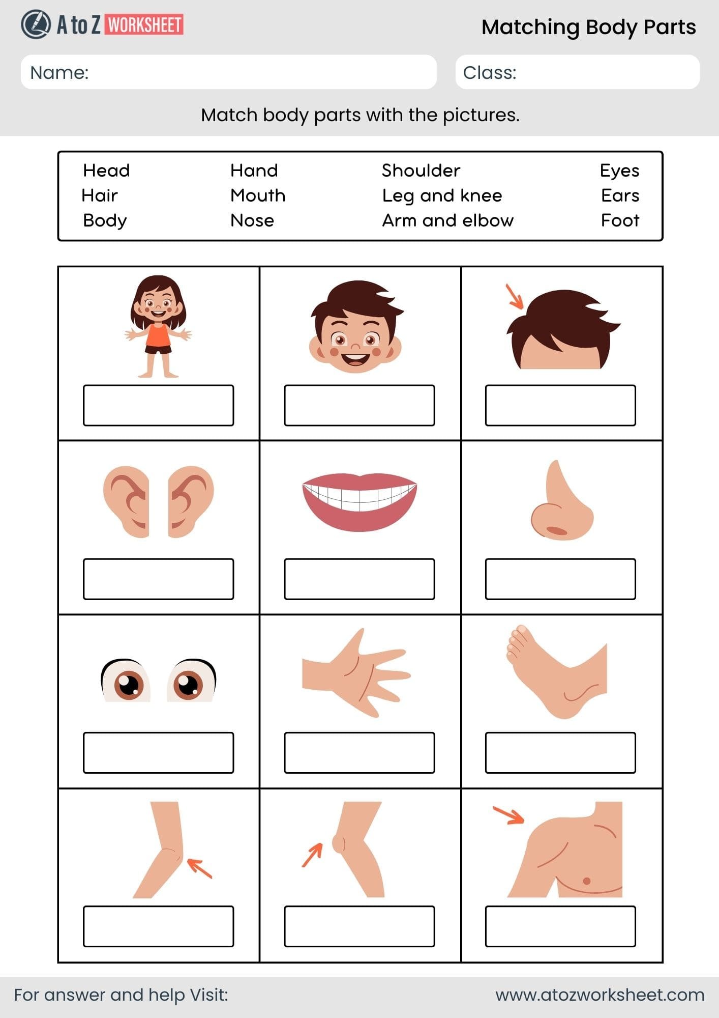 matching body parts worksheet for kindergarten and nursery