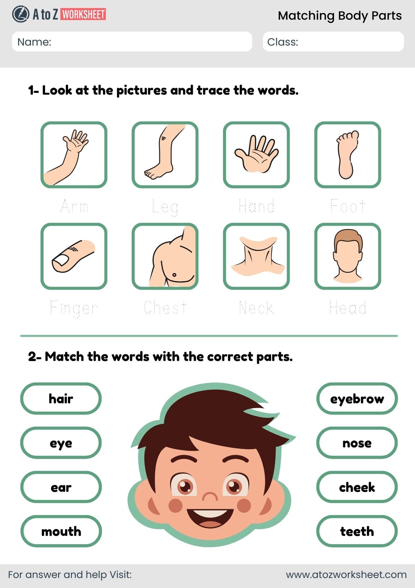 matching body parts worksheet for kindergarten and nursery