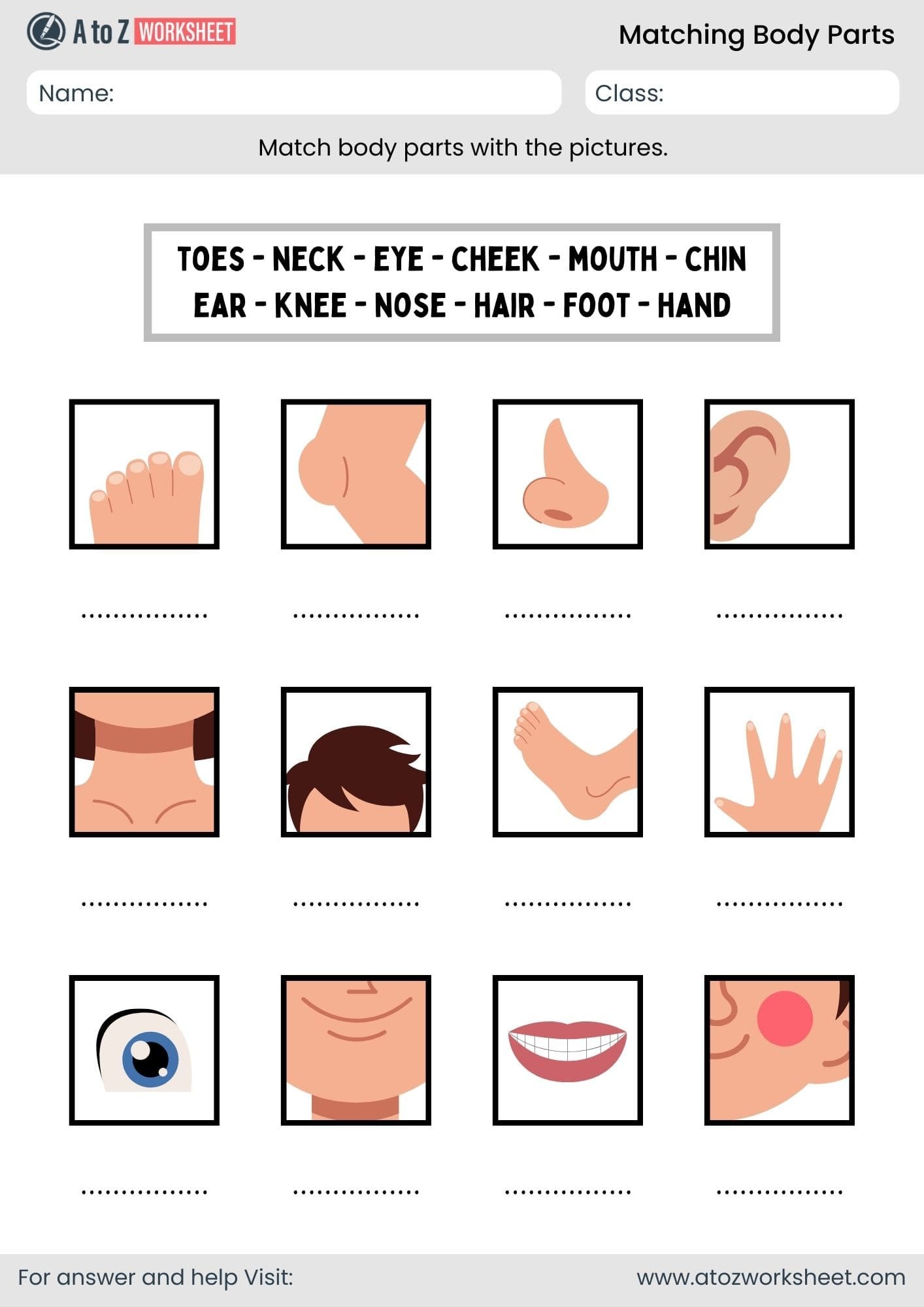 matching body parts worksheet for kindergarten and nursery