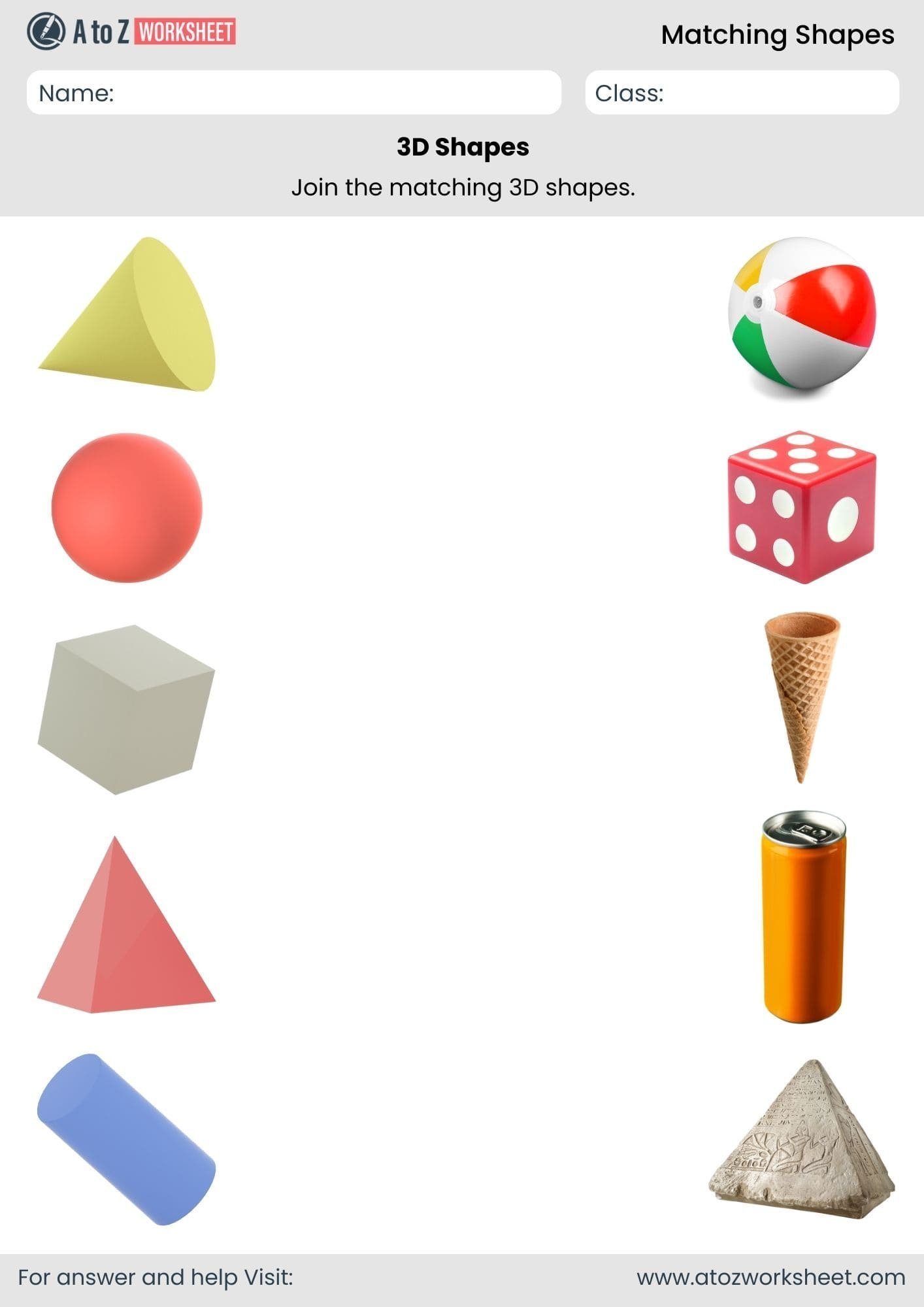 match 3d shapes with objects matching shapes worksheet for class 1