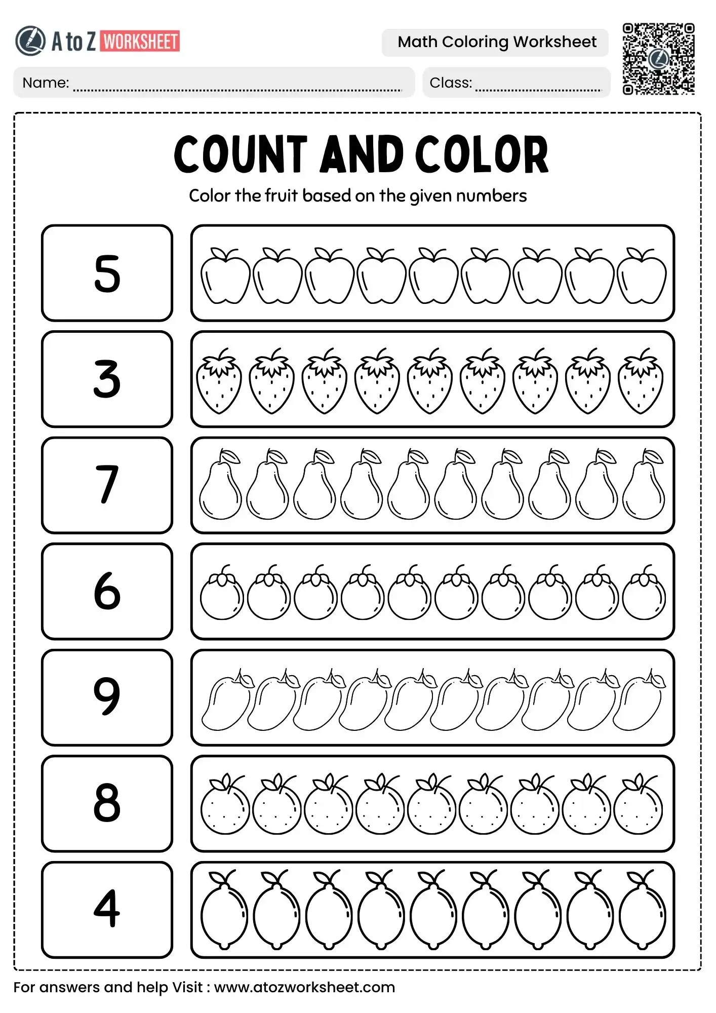 count and color fruit math coloring worksheets for kids