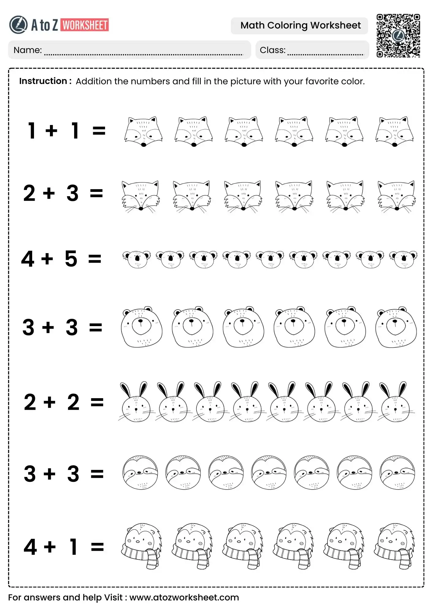 visual addition with animals in math coloring worksheets