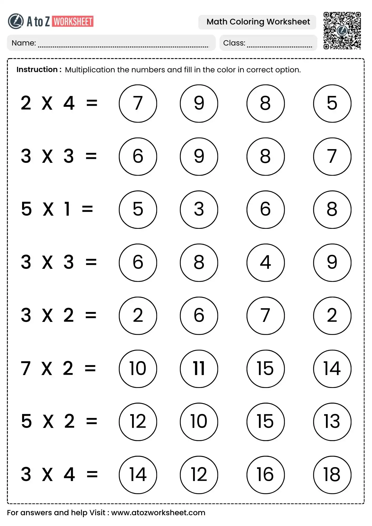 multiplication circle choice math coloring worksheets