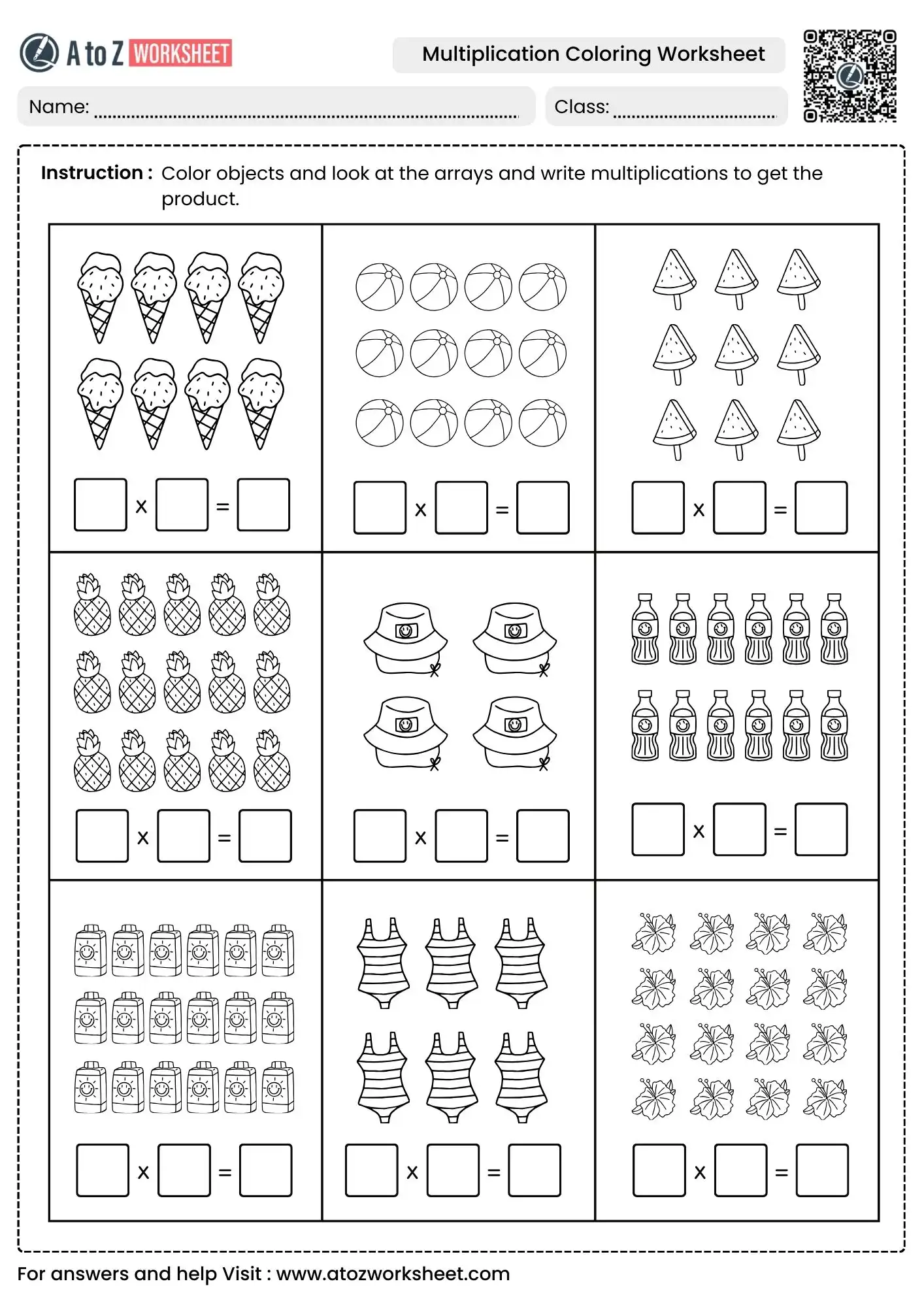array based math multiplication coloring worksheets with summer items