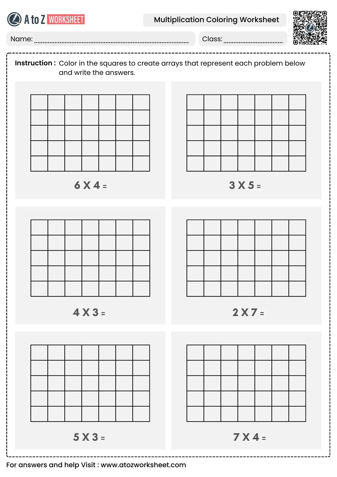 An educational page featuring nine different sections where students must look at arrays of items like ice cream, beach balls, and sunhats to write the corresponding multiplication formula.