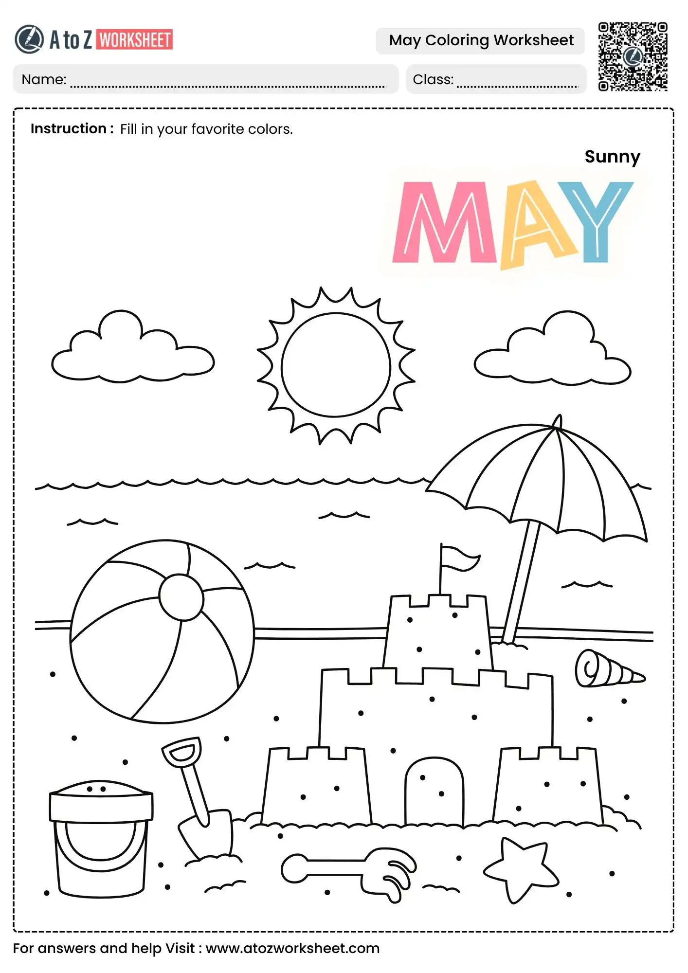 sunny beach scene may coloring worksheets for kids