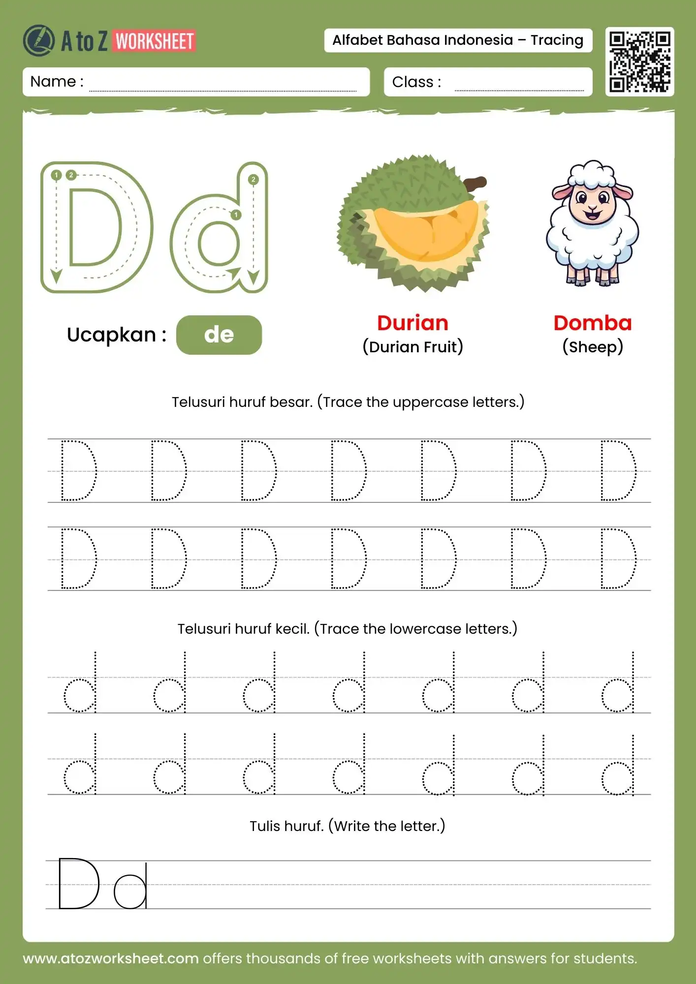 indonesian alphabet tracing worksheets for letter d