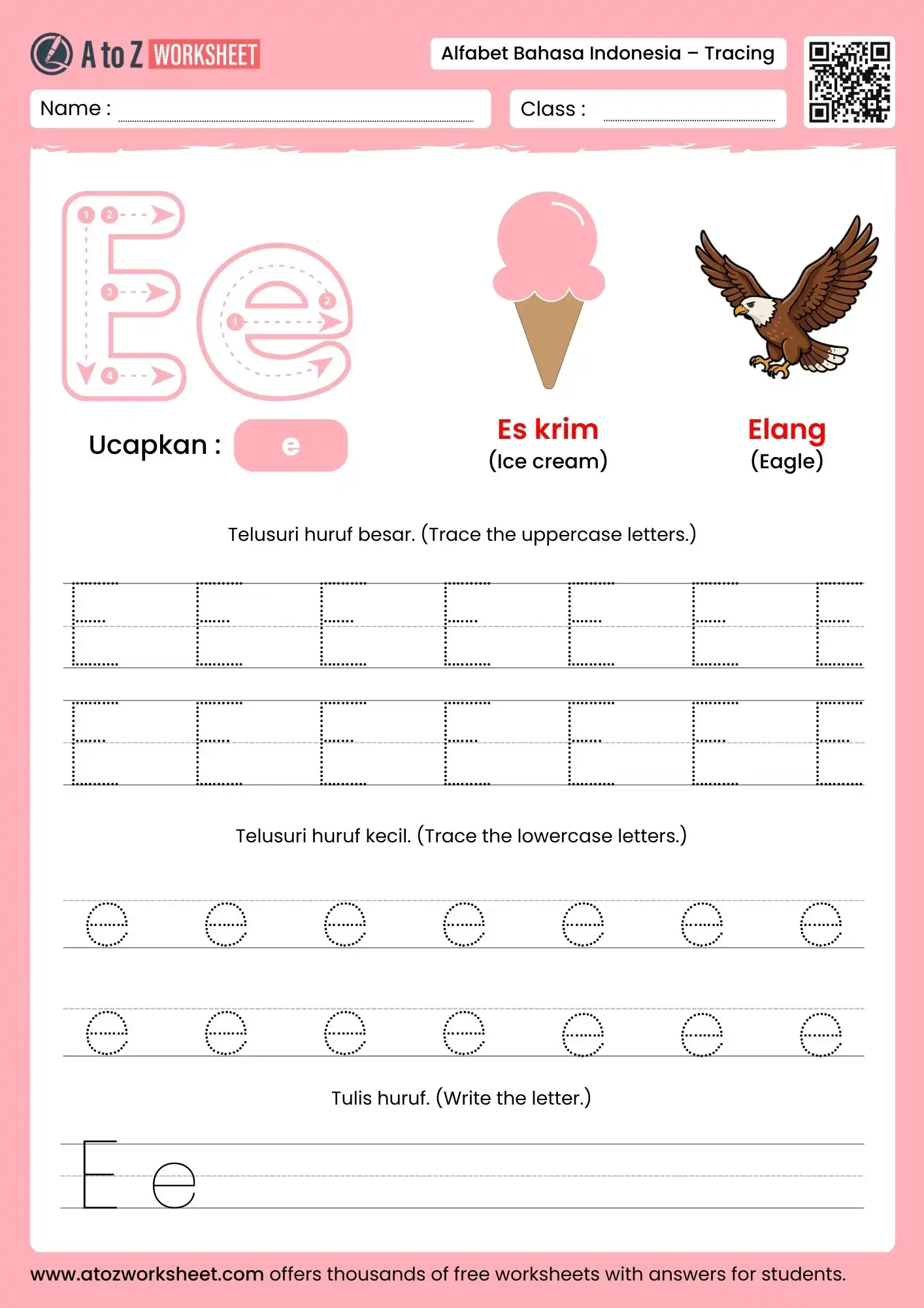 indonesian alphabet tracing worksheets for letter e