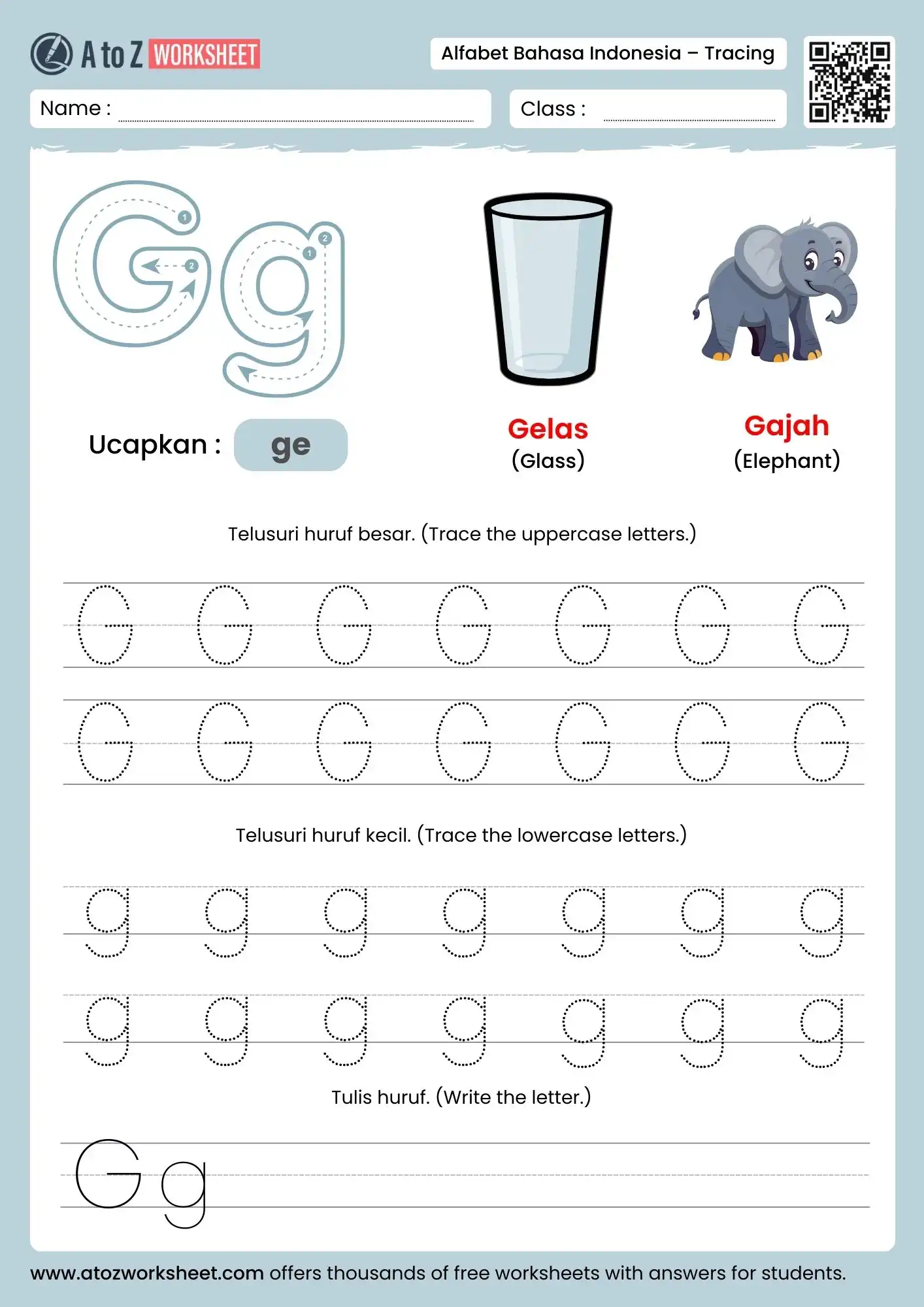 indonesian alphabet tracing worksheets for letter g