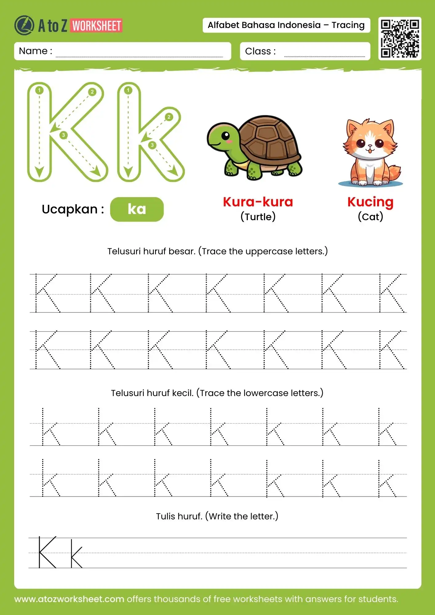 indonesian alphabet tracing worksheets for letter k