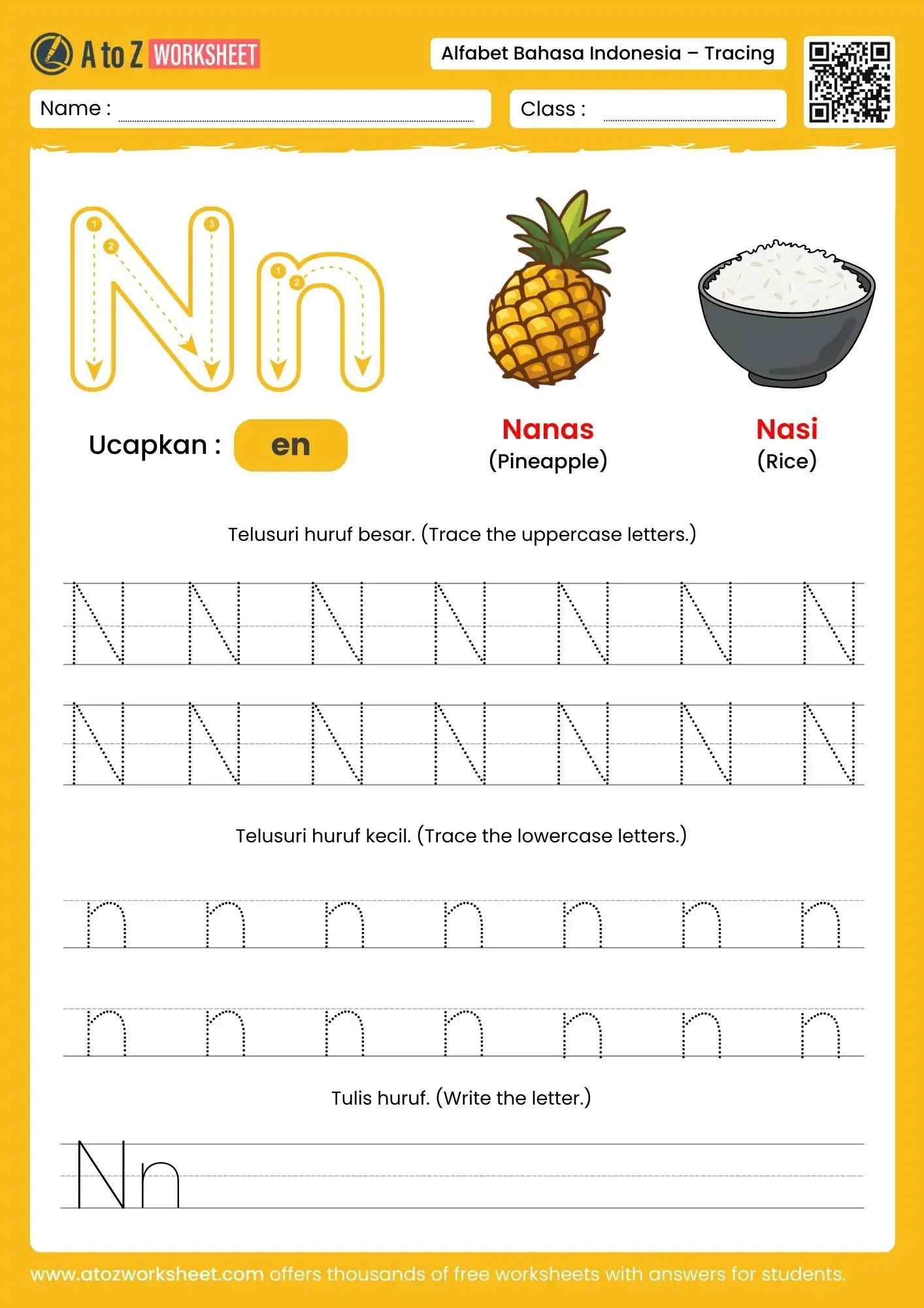 indonesian alphabet tracing worksheets for letter n