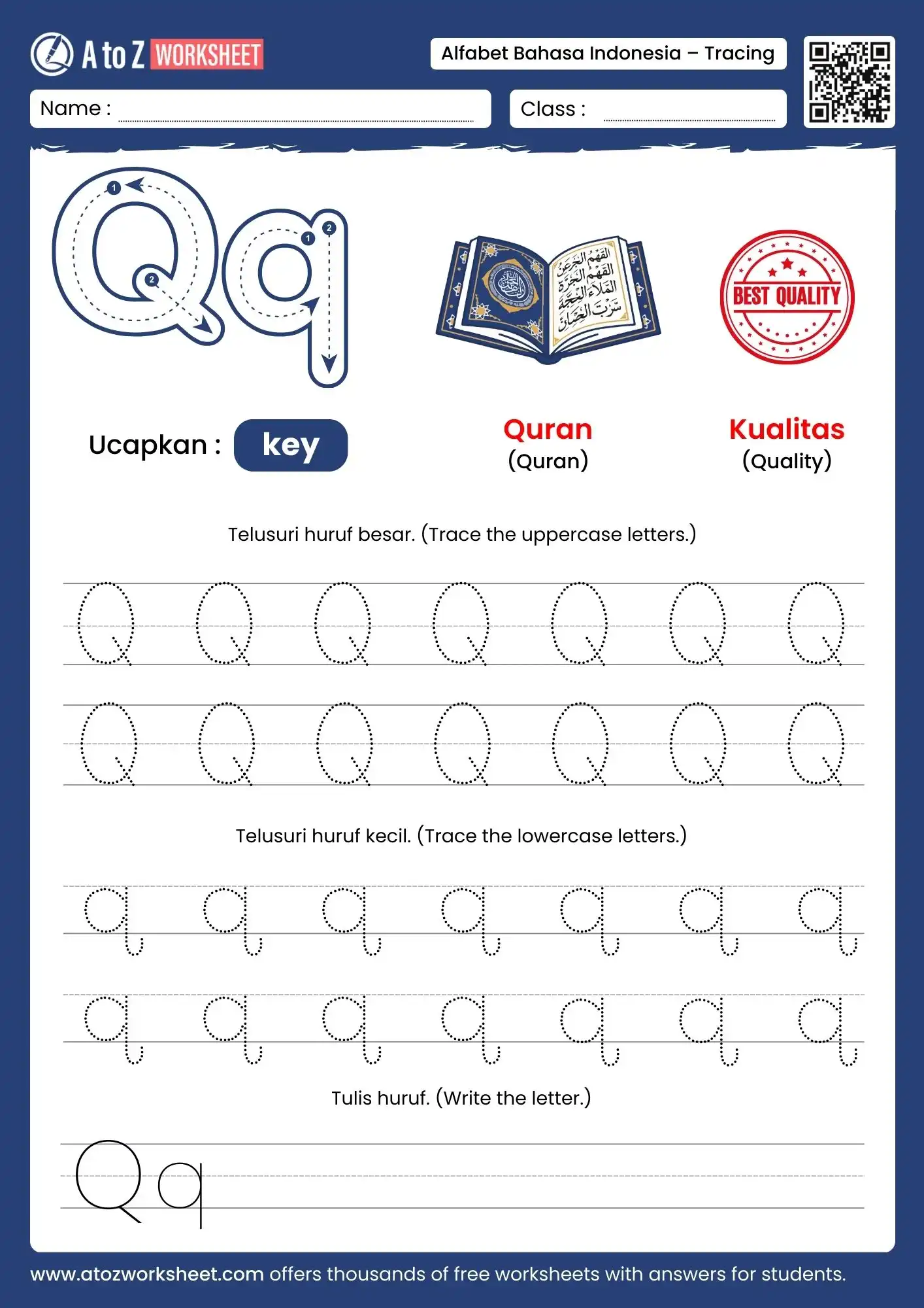 indonesian alphabet tracing worksheets for letter q