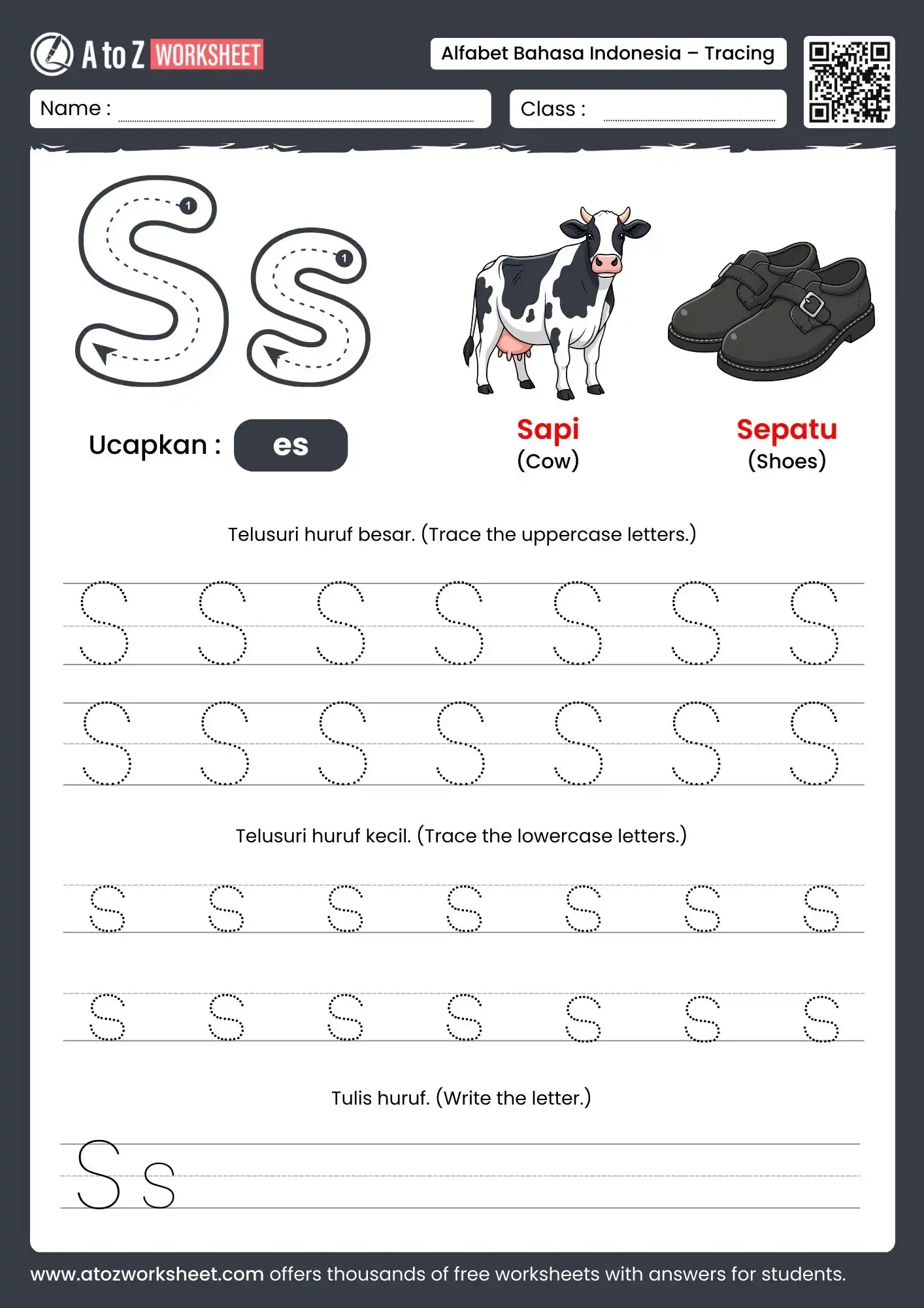 indonesian alphabet tracing worksheets for letter s
