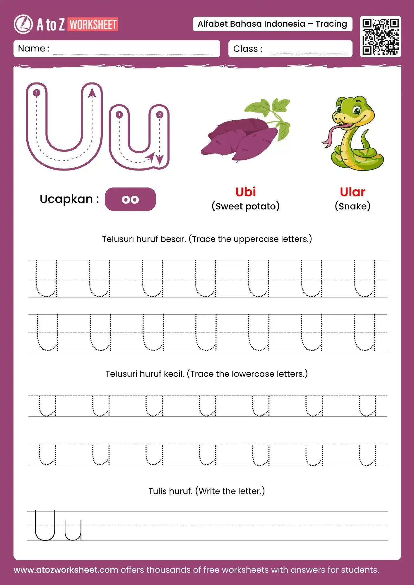 indonesian alphabet tracing worksheets for letter u