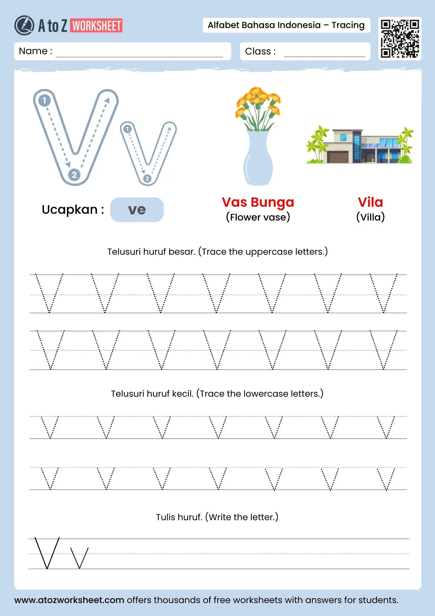 indonesian alphabet tracing worksheets for letter v