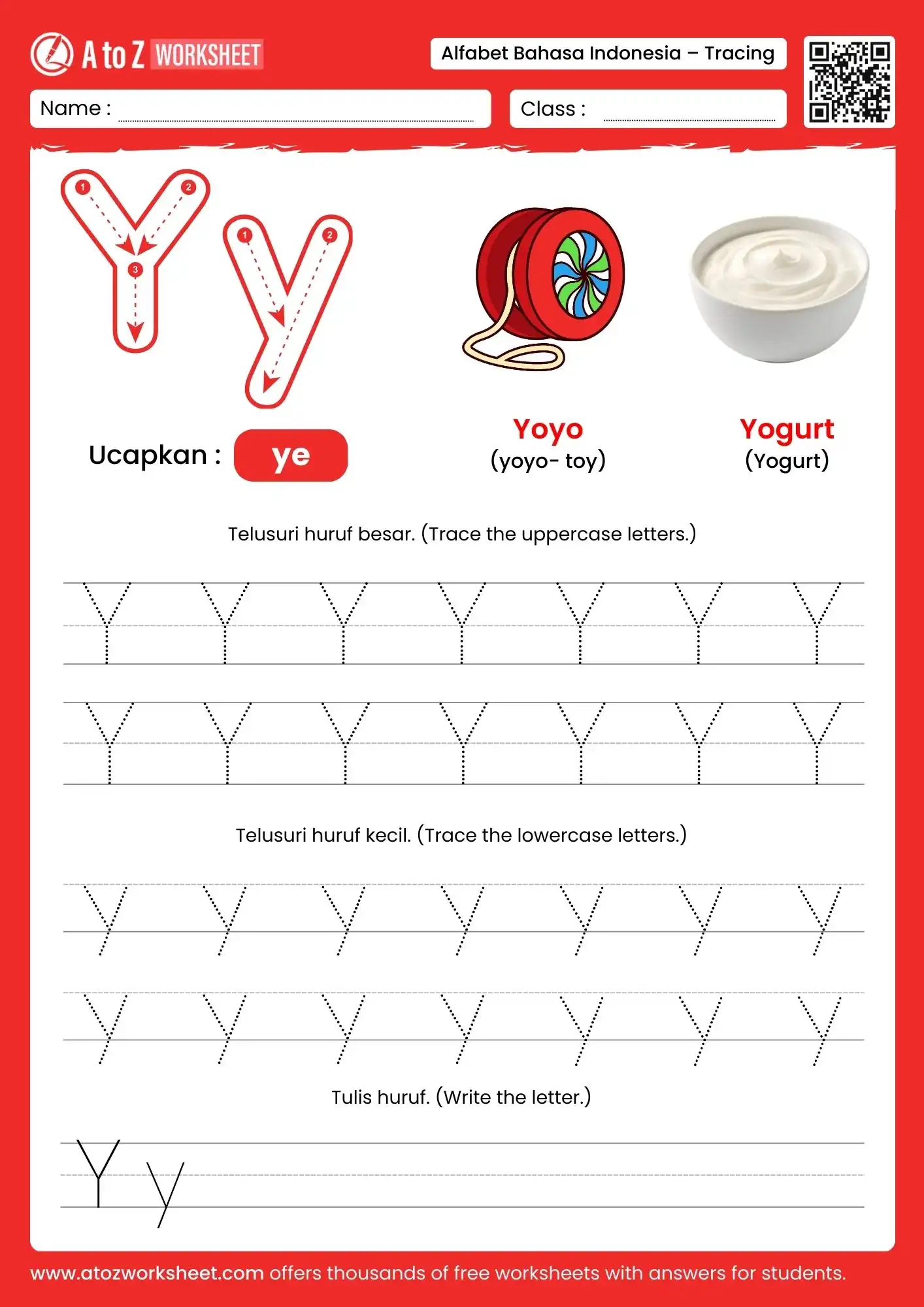 indonesian alphabet tracing worksheets for letter y