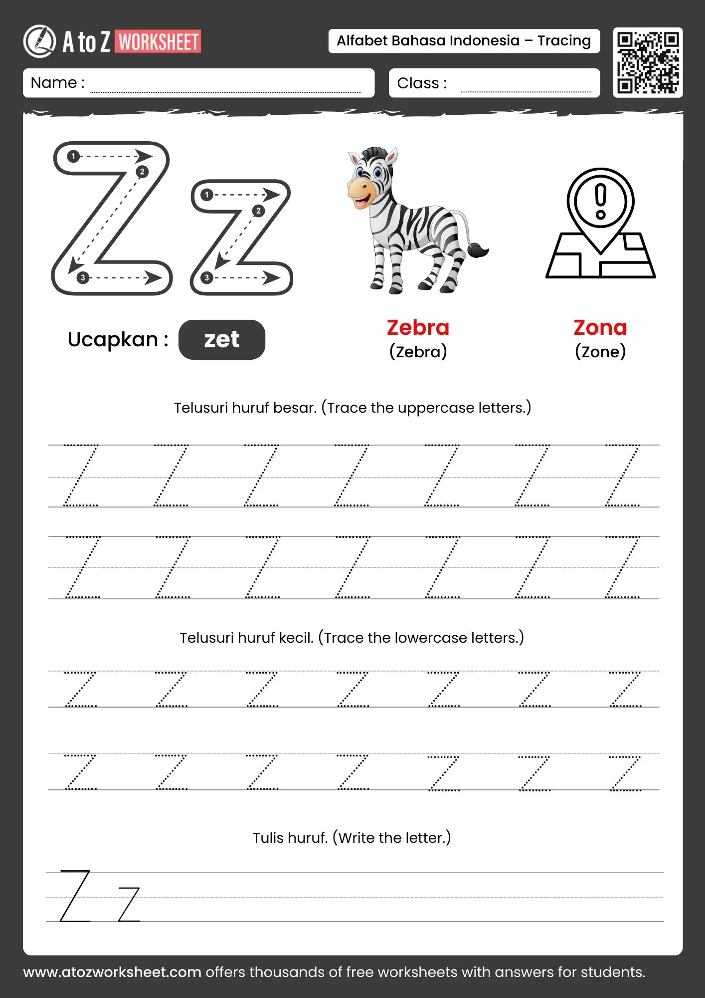 indonesian alphabet tracing worksheets for letter z