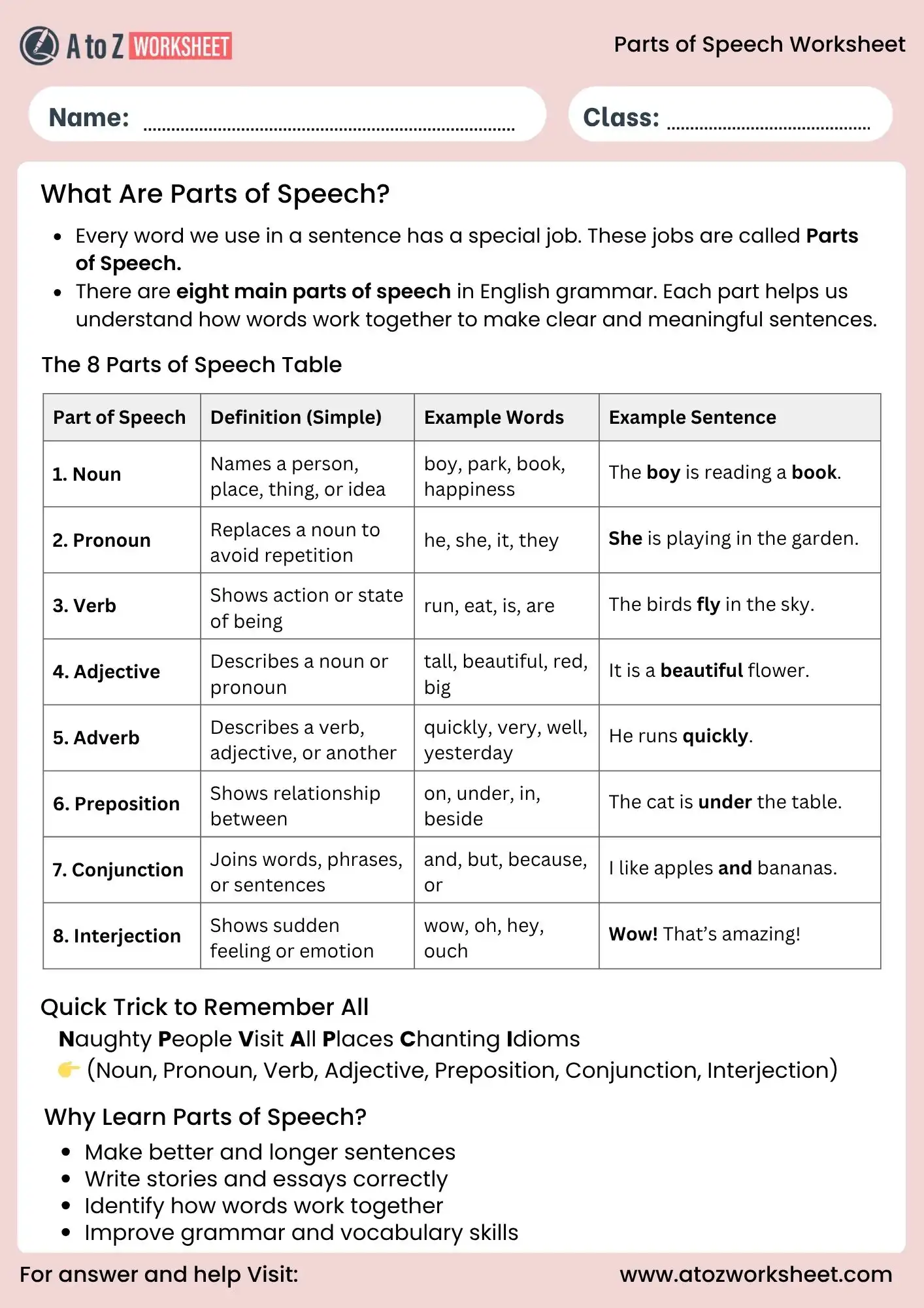 mixed parts of speech worksheets with answer key grammar chart