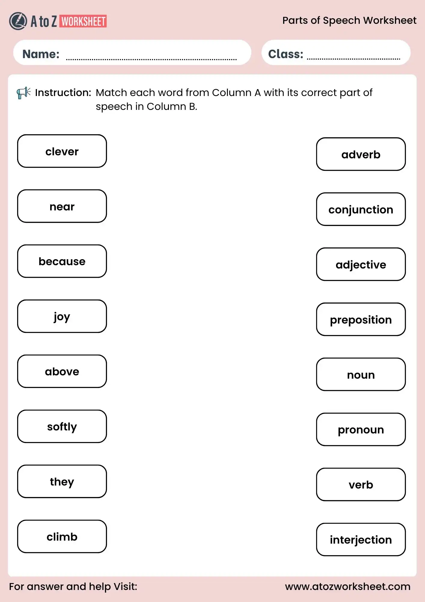 mixed parts of speech worksheets with answer key matching activity