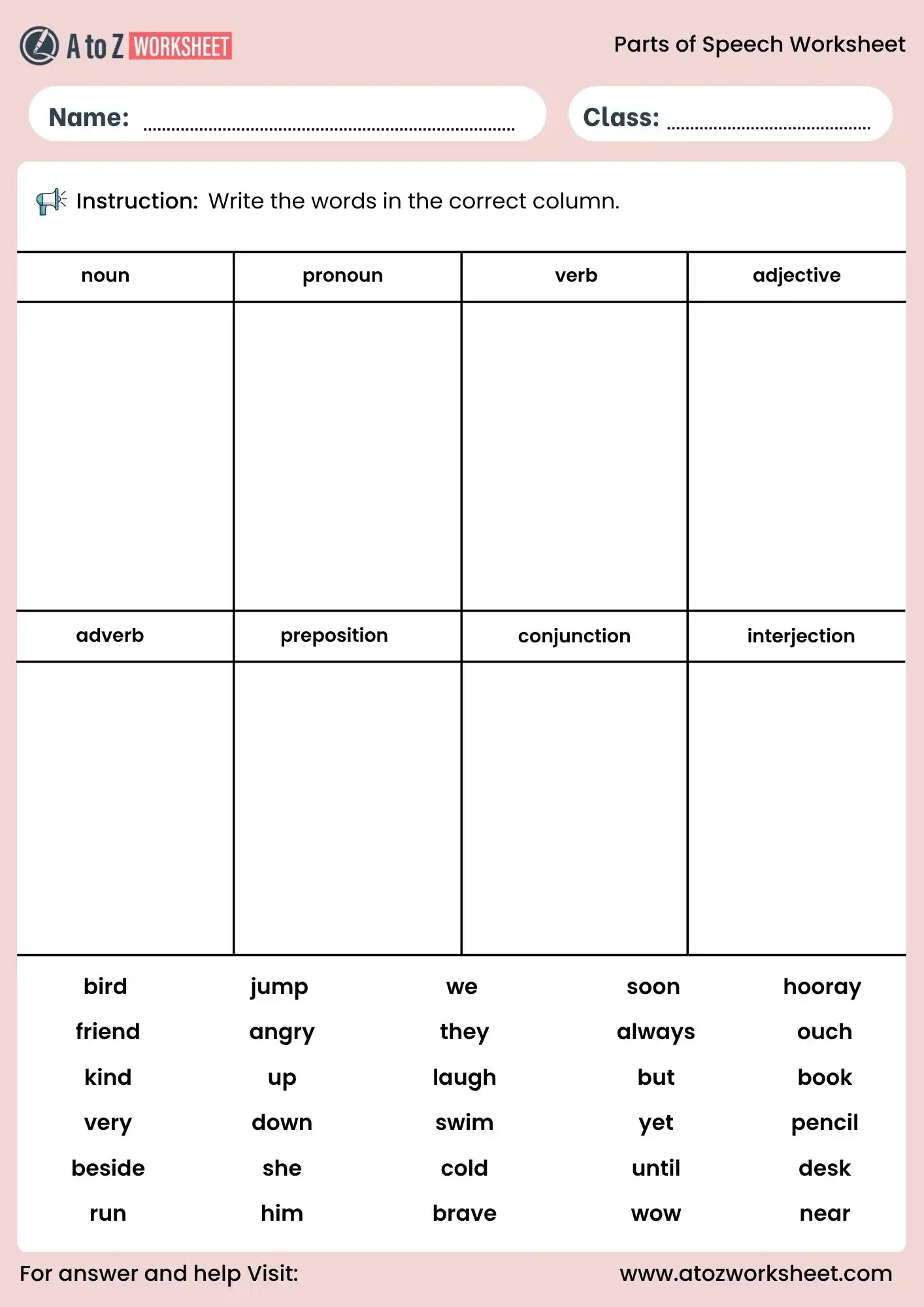 mixed parts of speech worksheets with answer key sorting activity