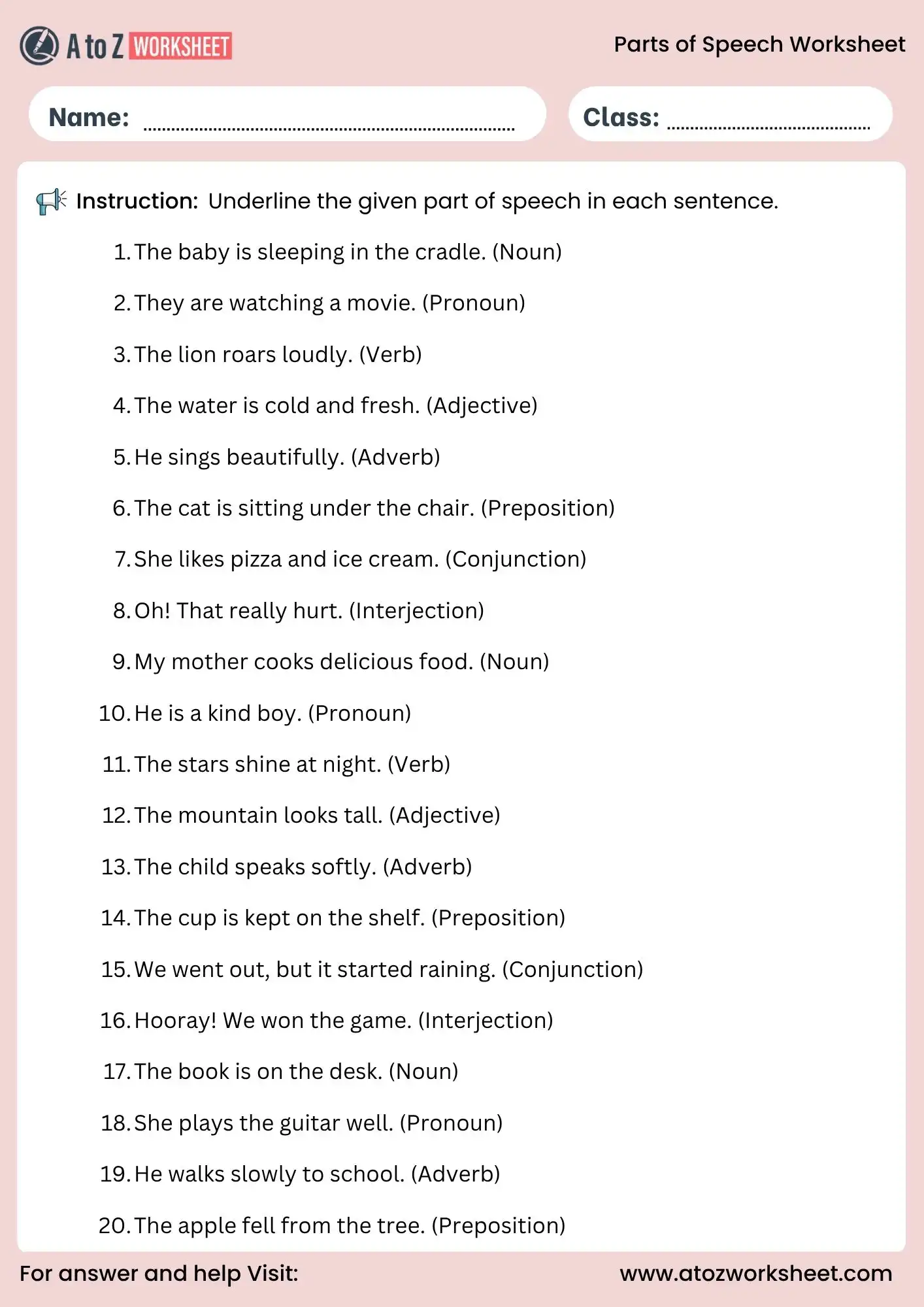 mixed parts of speech worksheets with answer key underline practice