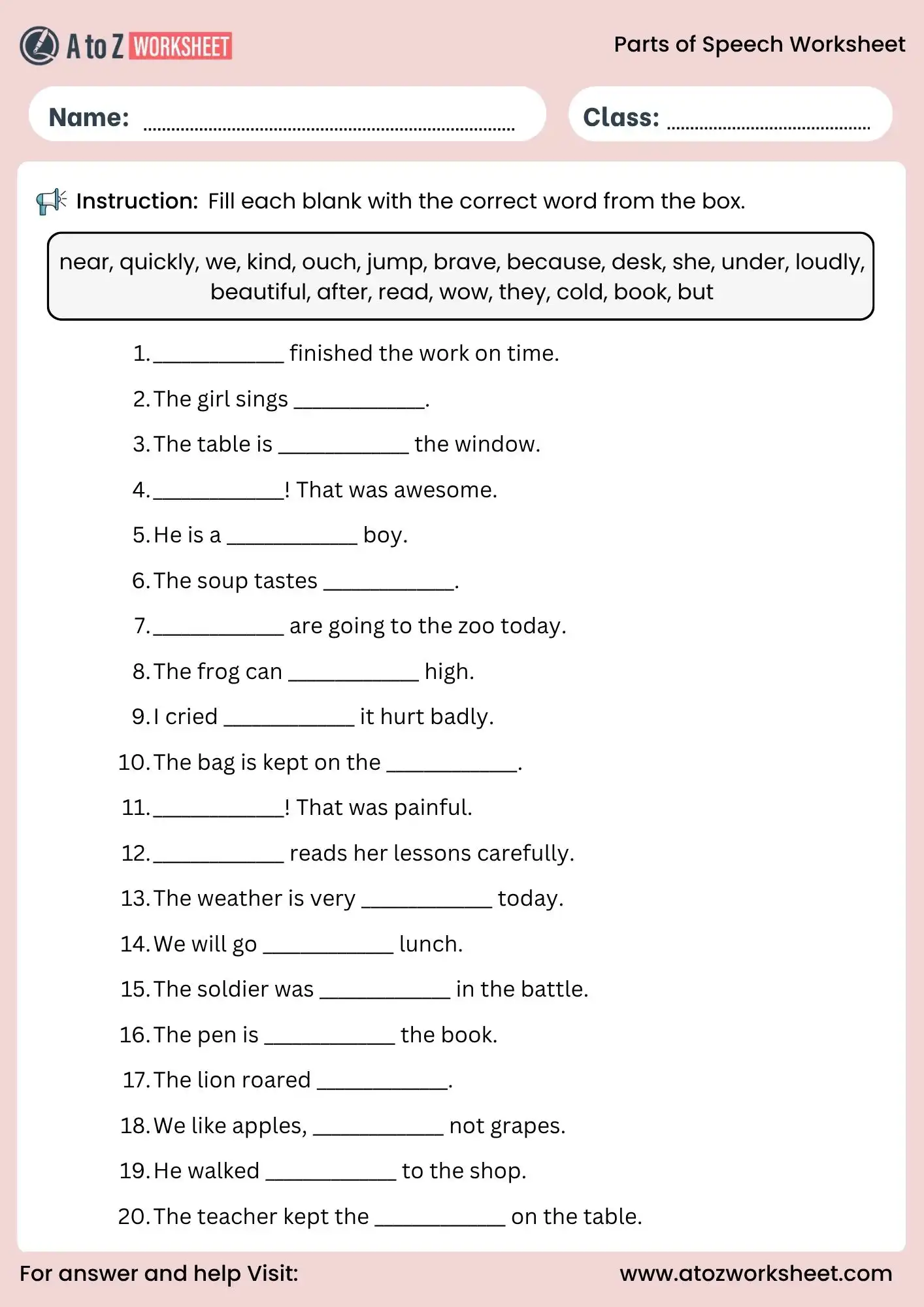 mixed parts of speech worksheets with answer key fill in the blanks activity