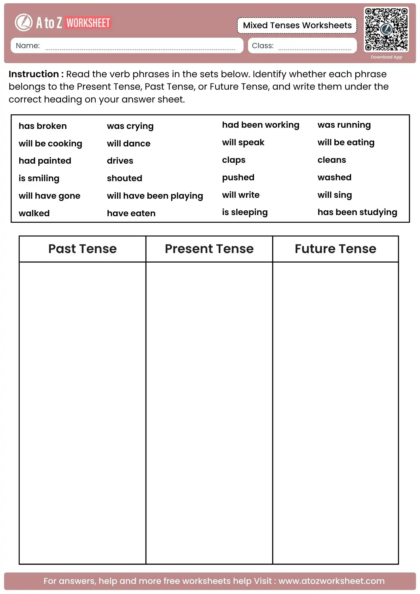 mixed tenses worksheets featuring a three column past present and future verb sorting activity