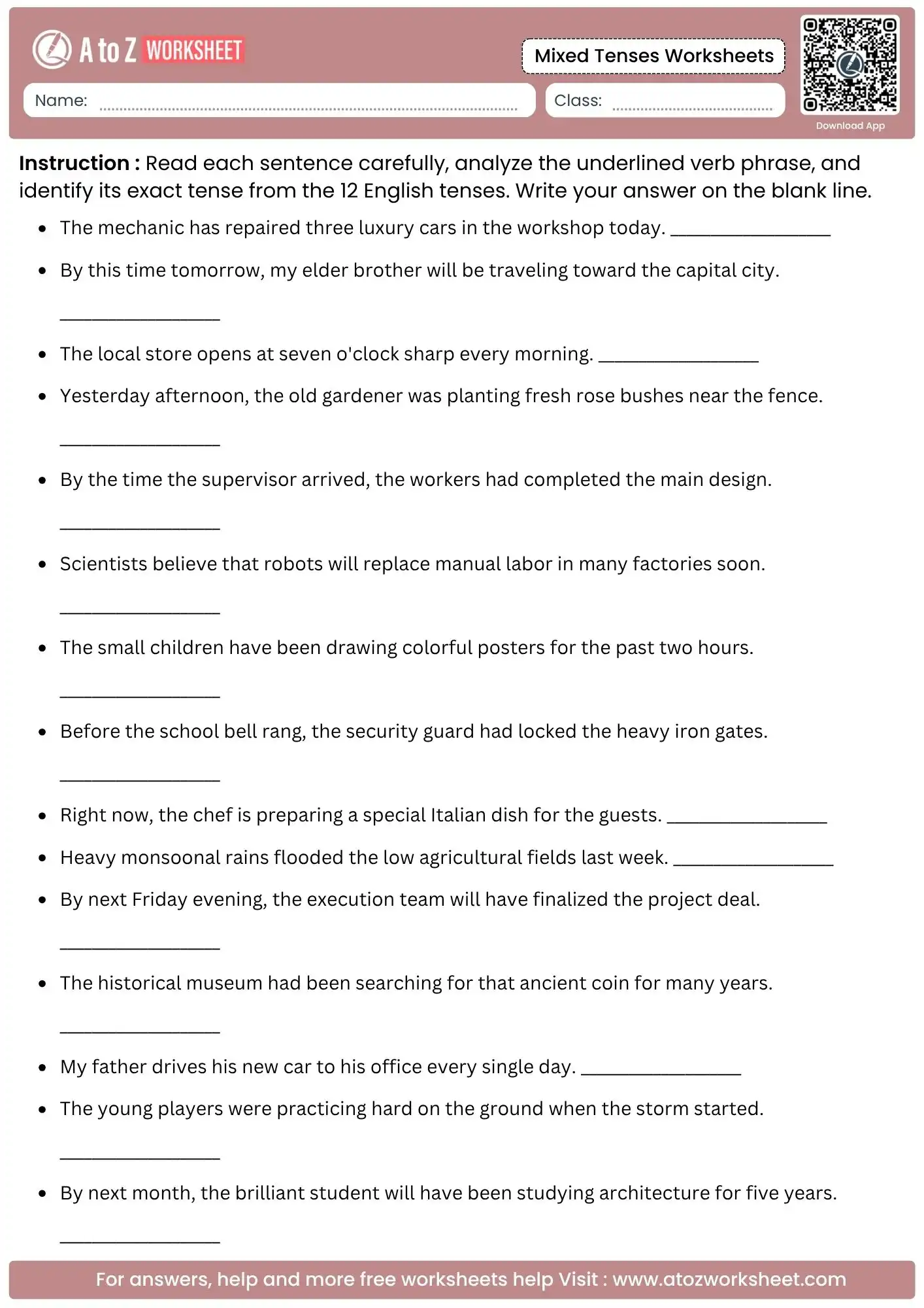 analytical mixed tenses worksheets with blank lines for identifying all twelve english grammar timelines