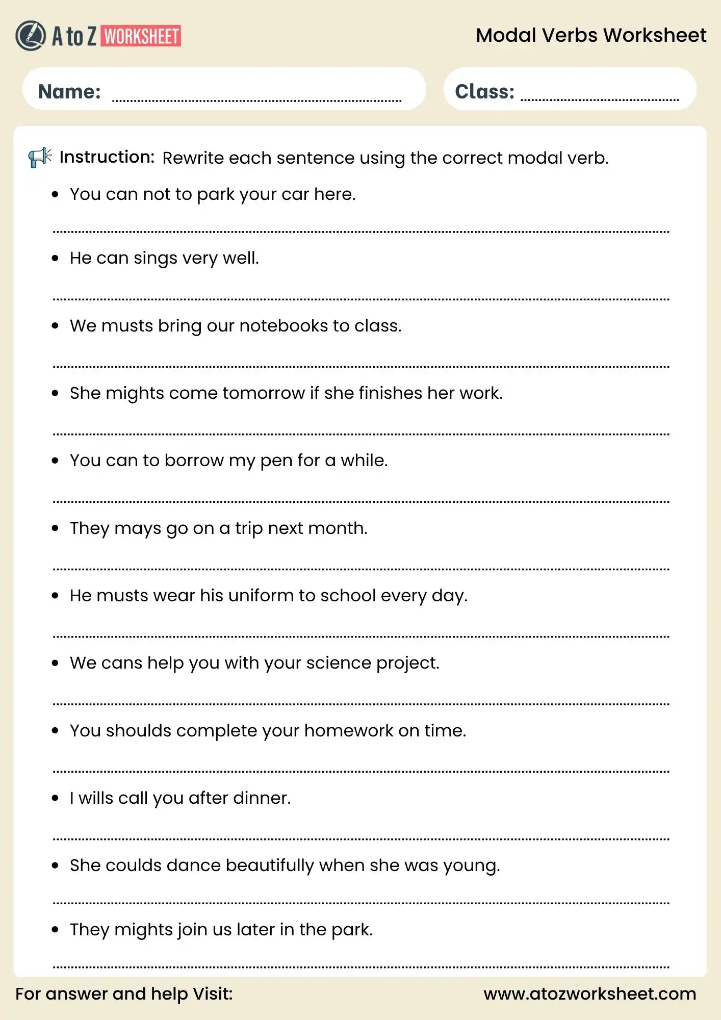 modal verbs worksheets rewrite correct sentence grammar practice